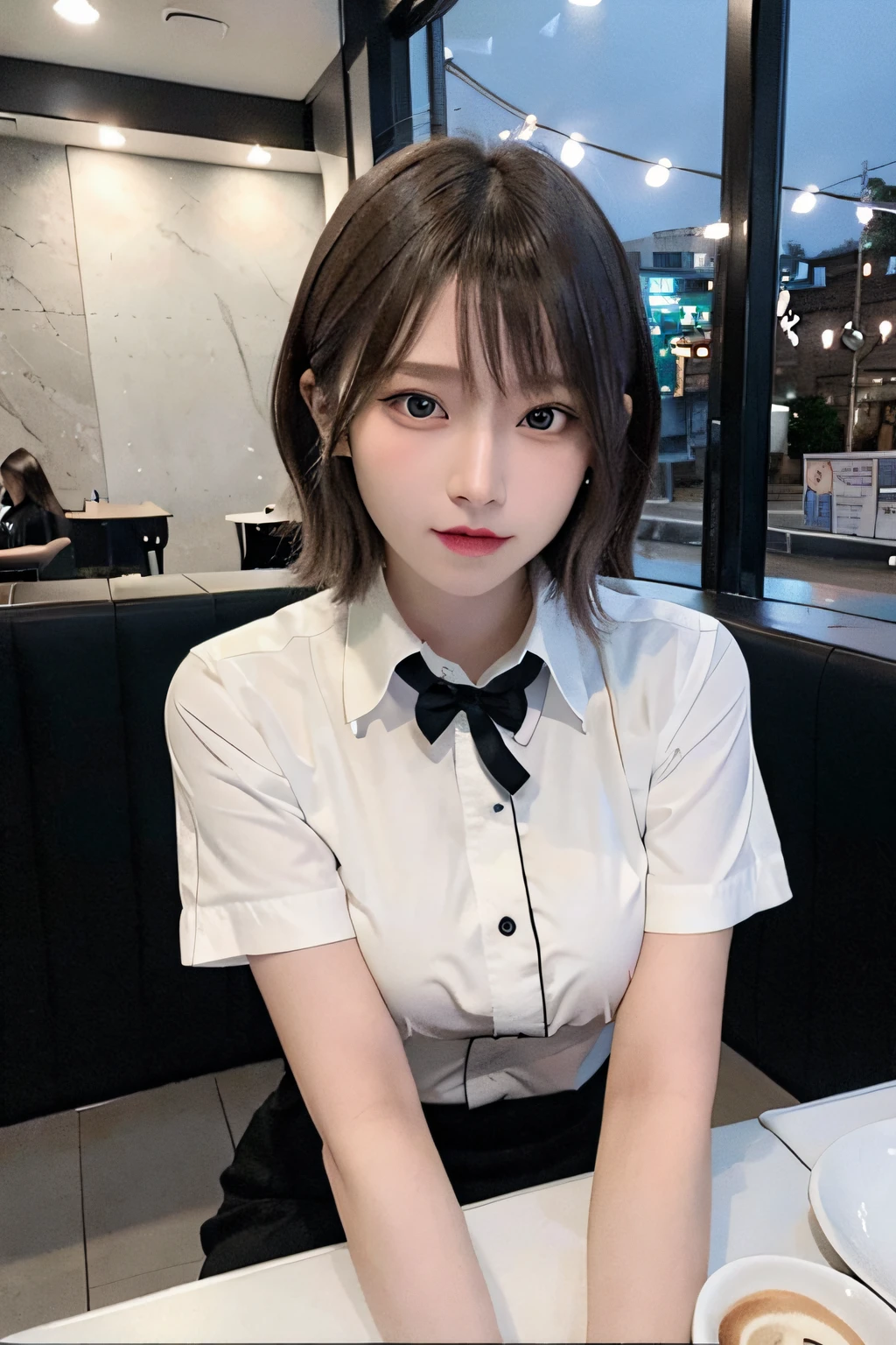 (8K、Raw photography、top-quality、​masterpiece:1.2)、(realisitic、Photorealsitic:1.37)、1 girl in、16 only、cute little、adolable、(blue eyess)、(Shy smile:0.4)、(独奏)、详细的脸、oval-face、Thin almond eyes、Brown hair shorthair、Hair over one eye、A slender、medium breasts⁩、Waitress Uniforms、Dramatic Angle、tilt of the head、fluorescent lamp、Inside the coffee shop、Sitting by the window、small head、(Facing the other side)、teens girl、piercings