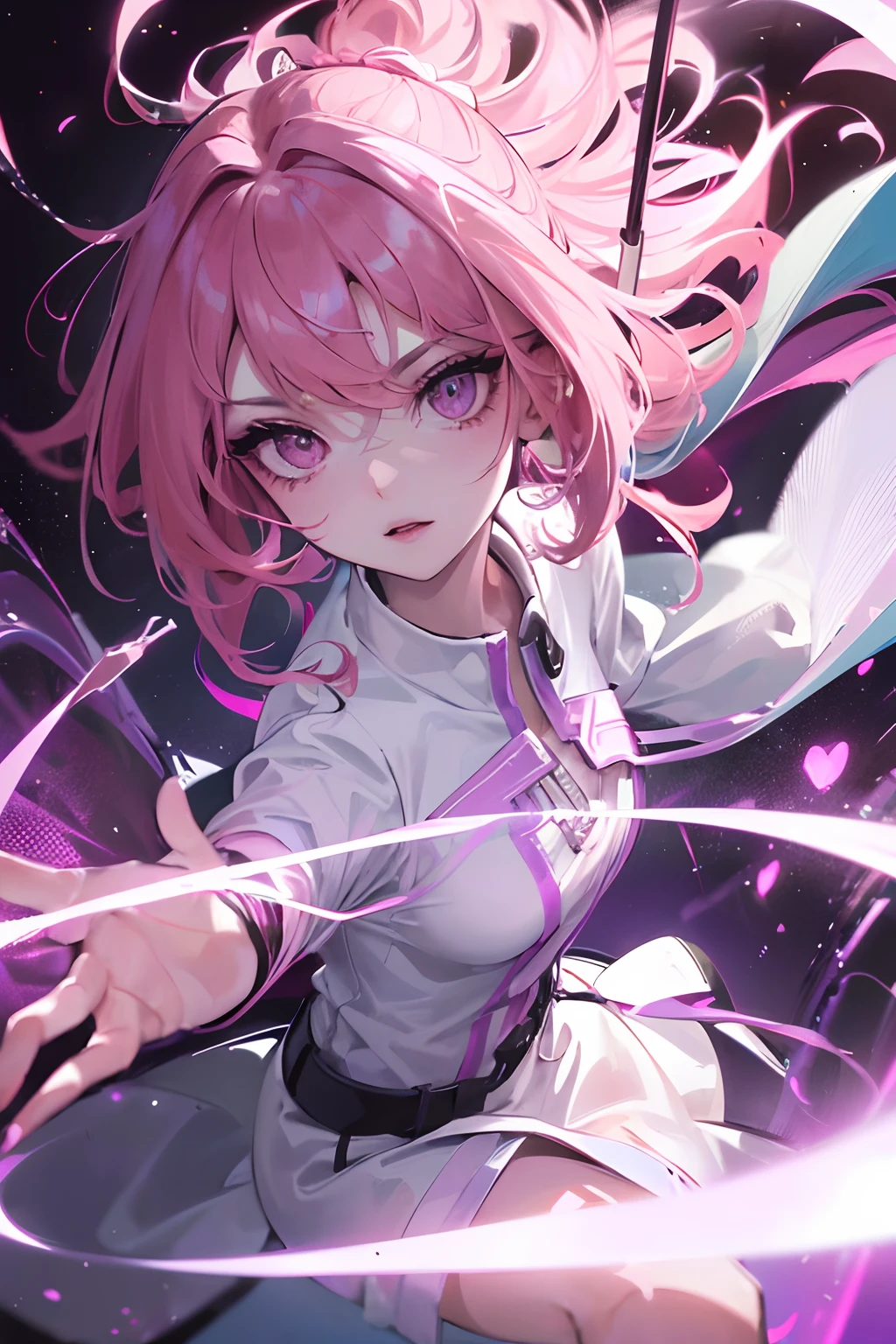 (Master parts, Best quality, hyper-detailing, Best shade), (white backgrounid), (beautiful face detail), hight contrast, (best illuminate, Extremely Delicately Beautiful), (Cinematic light)), vivd colour, Hippel de Tal Hamento, intricately details, Standing painting (1 girl, soio, forehead, A pink-haired, Sharp face, Short hair, Long fluorescent coating (brokenglass), Workwear, Redness of the eyes, hair between eye), The light swirls around the character, Purple light particles, Magical Circle, cyber punk style