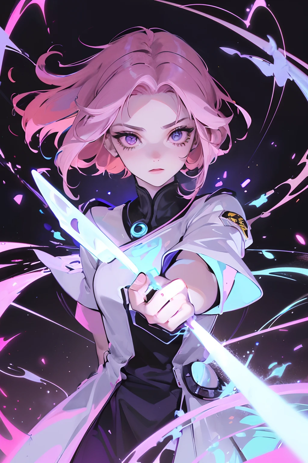 (Master parts, Best quality, hyper-detailing, Best shade), (white backgrounid), (beautiful face detail), hight contrast, (best illuminate, Extremely Delicately Beautiful), (Cinematic light)), vivd colour, Hippel de Tal Hamento, intricately details, Standing painting (1 girl, soio, forehead, A pink-haired, Sharp face, Short hair, Long fluorescent coating (brokenglass), Workwear, Redness of the eyes, hair between eye), The light swirls around the character, Purple light particles, Magical Circle, cyber punk style