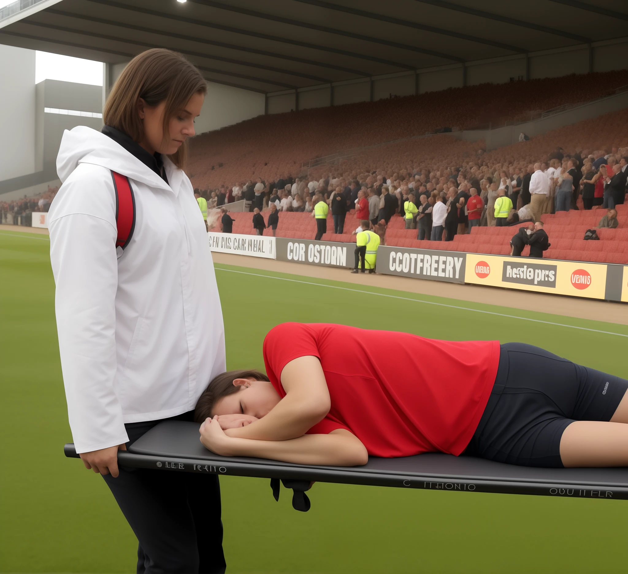 there is a man laying on a stretcher being carried by a compassionate woman in a stadium, very sad, over-shoulder shot, stretch, a sad, far away shot, photo mid shot, tired half closed, beauty shot, poignant, sad scene, prize winning, looking sad, a huge, photo from a spectator, large shot, face shot, far shot