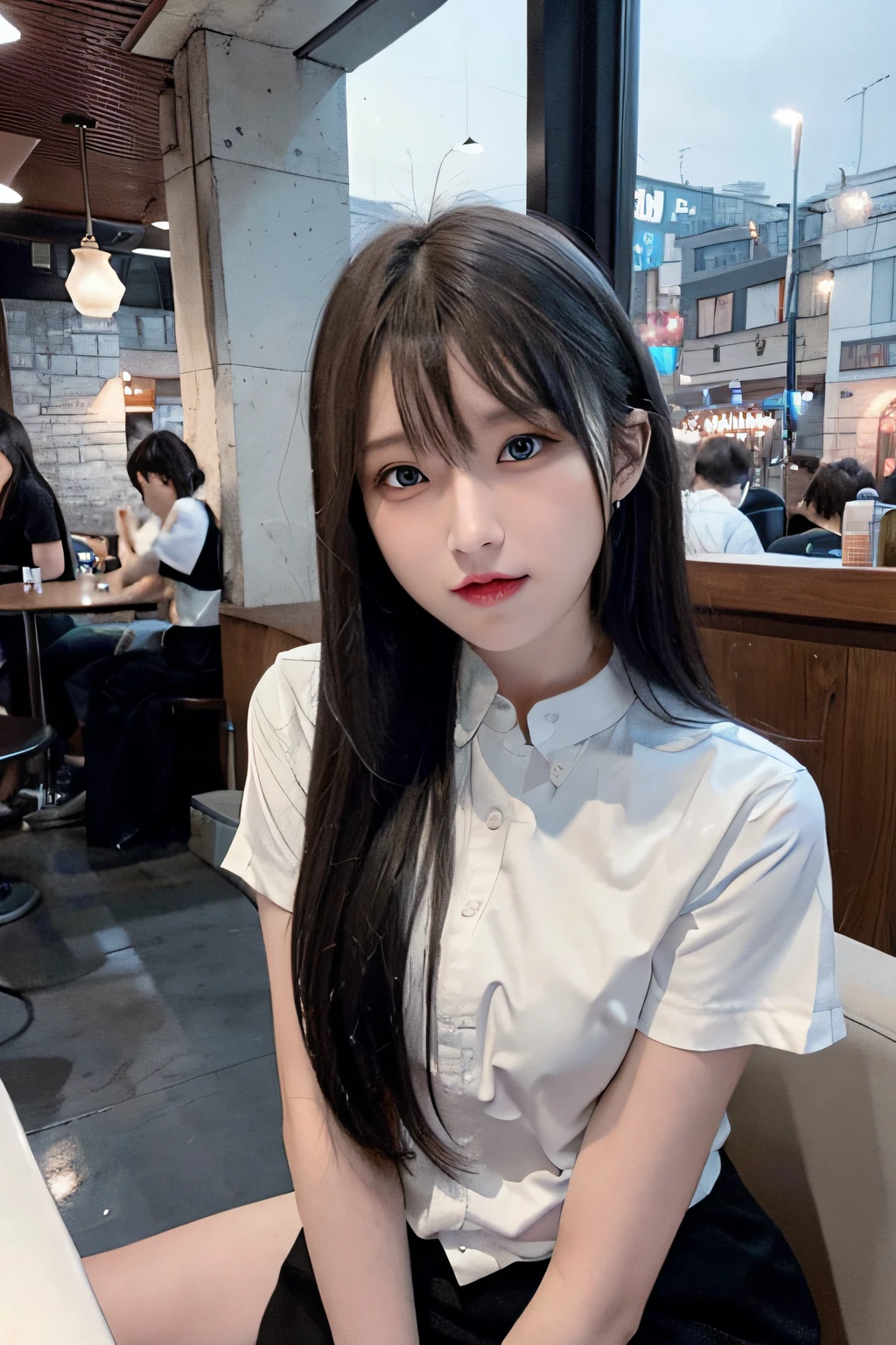 (8K、Raw photography、top-quality、​masterpiece:1.2)、(realisitic、Photorealsitic:1.37)、1 girl in、16 only、cute little、adolable、(blue eyess)、(Shy smile:0.4)、(独奏)、详细的脸、oval-face、Thin almond eyes、Brown hair shorthair、Hair over one eye、A slender、medium breasts⁩、Waitress Uniforms、Dramatic Angle、tilt of the head、fluorescent lamp、Inside the coffee shop、Sitting by the window、small head、(Facing the other side)、teens girl、piercings