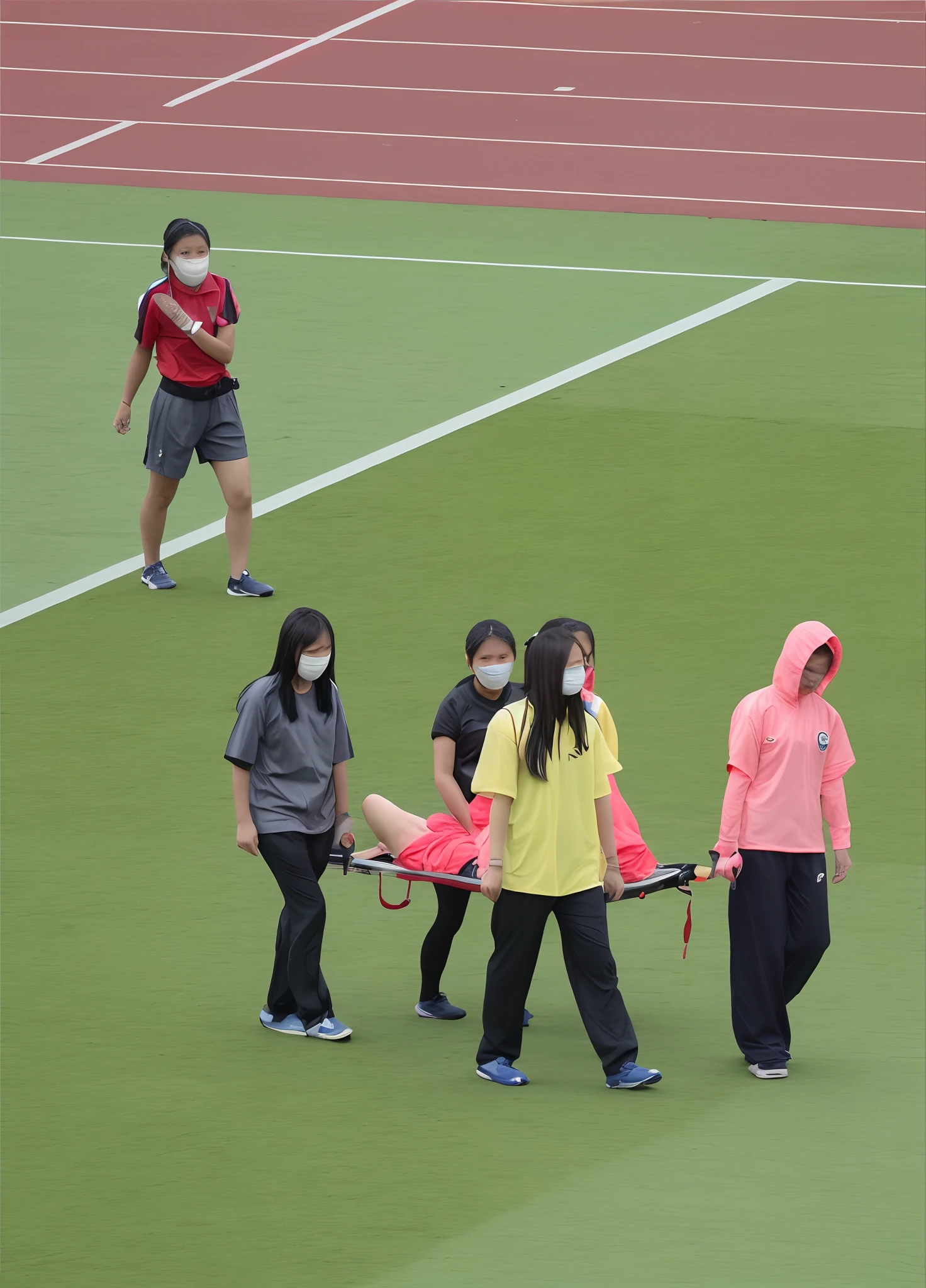 Four very worried looking chinese girls carry a stretcher between them, Two male legs and two soccer shoes look forward out of the tarpaulin, four very worried looking chinese girls carry a short-haired male footballer away from us with the help of a stretcher, on the stretcher lies an injured and unconscious male footballer with short hair and matte sports clothing, the matte t-shirt and the pain-distorted face of the injured athlete protrude over the upper part of the stretcher, Four very worried looking chinese girls transporting an injured male footballer on a stretcher, Four very worried looking chinese girlsn with shiny uniform-jackets are standing in a filled football stadium, Four very worried looking chinese girls are seen from behind in shiny jackets, Four very worried looking chinese girls are holding a stretcher in the middle of them, Four chinese girls are going along, The stretcher that they are carrying in the midle of them ranfrom us, in the stretcher lies an injured and unconscious male footballer with short hair and matt sports clothing, the matte t-shirt and the pain-distorted face of the injured athlete protrude over the upper part of the stretchern, Two male legs and two soccer shoes look forward out of the stretcher