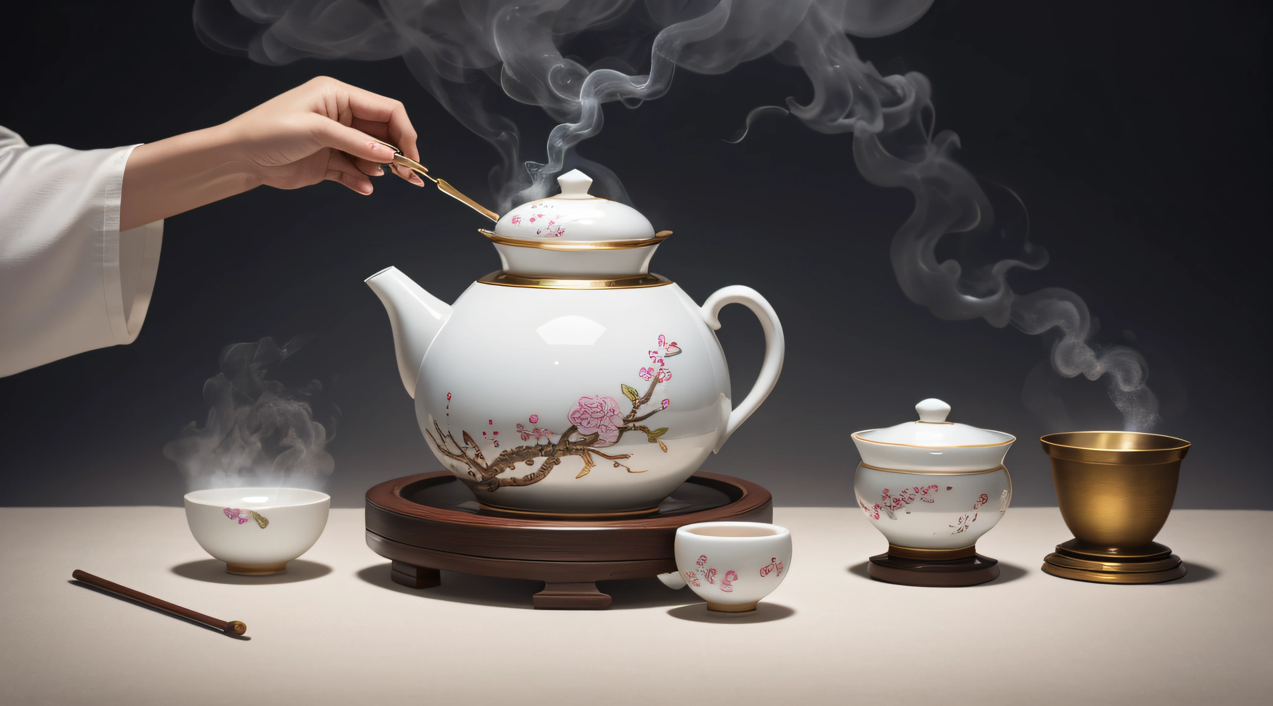 nobles in traditional costumes (hanbok) for the Tea Ceremony in Korea 1392. Steaming Tea Cup, Slowly Rising Steam, Delicate Porcelain Tea Cup, Tea Aroma, Gentle Rising Steam, Infused to Perfection, Stirring Spoon, Sugar Cubes, Delicate Teapot, Meticulously Painted Ceramic, exquisite craftsmanship, realistic representation of liquid, subtle reflections of light, sublime details, captivating work. Best quality, Super detail.
