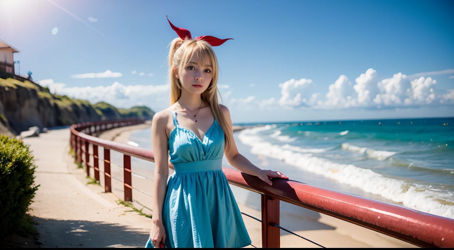 chitoge kirisaki, blonde hair, blue eyes, hair ribbon, long hair, red ribbon, ribbon, 1girl, 16 year old, summer dress, along the beach