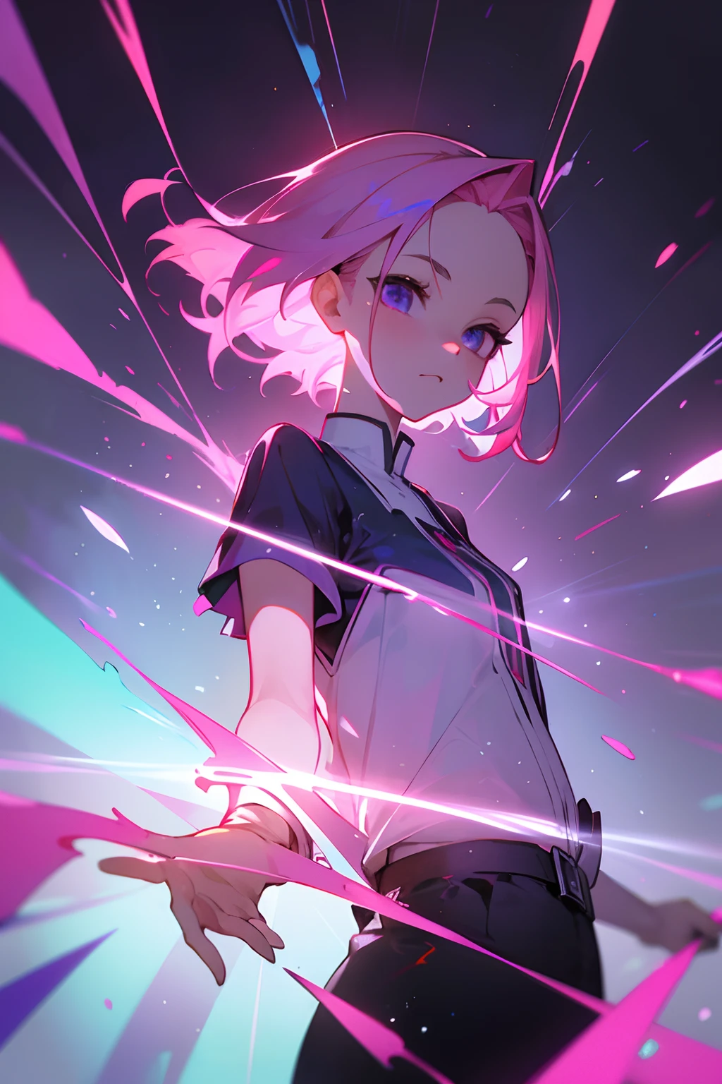 (Master parts, Best quality, hyper-detailing, Best shade), (white backgrounid), (beautiful face detail), hight contrast, (best illuminate, Extremely Delicately Beautiful), (Cinematic light)), vivd colour, Hippel de Tal Hamento, intricately details, Standing painting (1 girl, soio, forehead, A pink-haired, Sharp face, Short hair, Long fluorescent coating (brokenglass), Workwear, Redness of the eyes, hair between eye), The light swirls around the character, Purple light particles, Magical Circle, cyber punk style