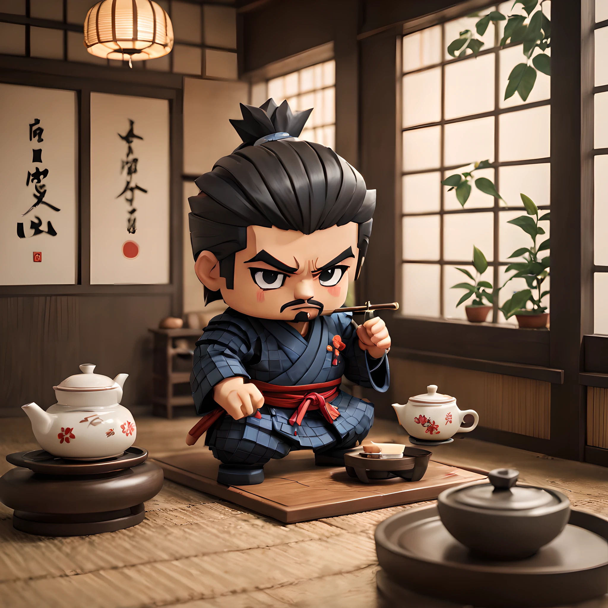 (Pixel art:1.5), (pixel theme:1.5), (chibi emote:1.5), (chibi character:1.5),(fantasy:1.5), (1japanse samurai:1.5), (Toshiro Mifune:1.5), (tea:1.5), (tea ceremony:1.5), (tearoom:1.5),