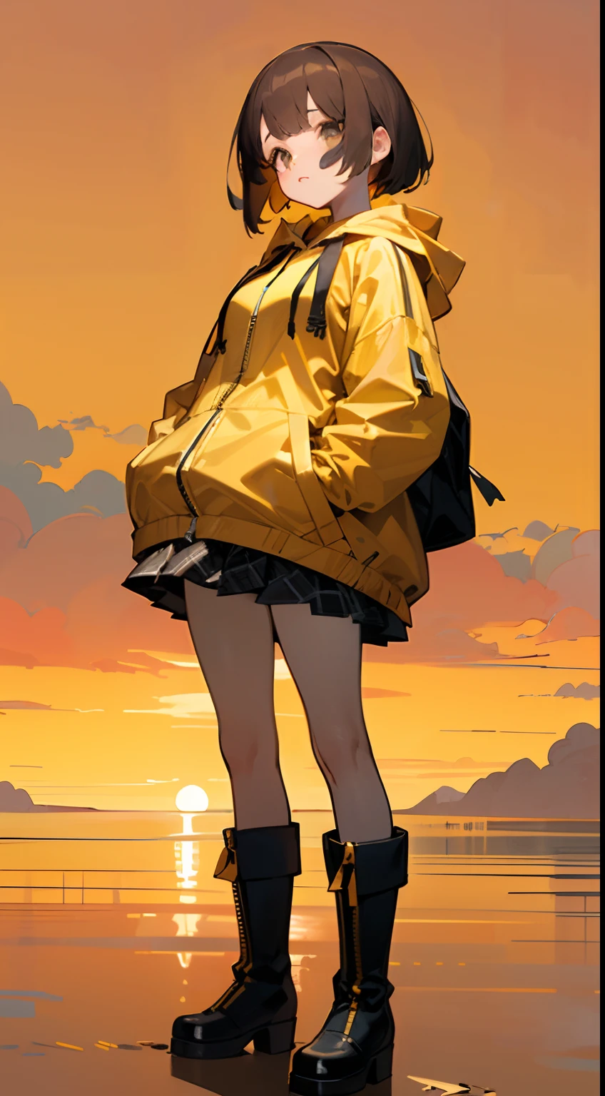 top quality,16K, masterpiece, beautiful high school girl， Light brown beautiful bob hair, Light brown beautiful eyes, looking at viewer, Light brown medium bob hair, plump breast, standing open legs, BREAK (yellow theme:1.4), (oversized and baggy yellow outerwear:1.3), (fusion of yellow windbreaker and yellow hoodie:1.4), (yellow Nylon:1.4), ((zipper, large pocket):1.3), BREAK (black and white plaid-pattern pleated-skirt:1.2), (black platform HIGH boots:1.2), sunset seashore, orange sky, beautiful clouds,