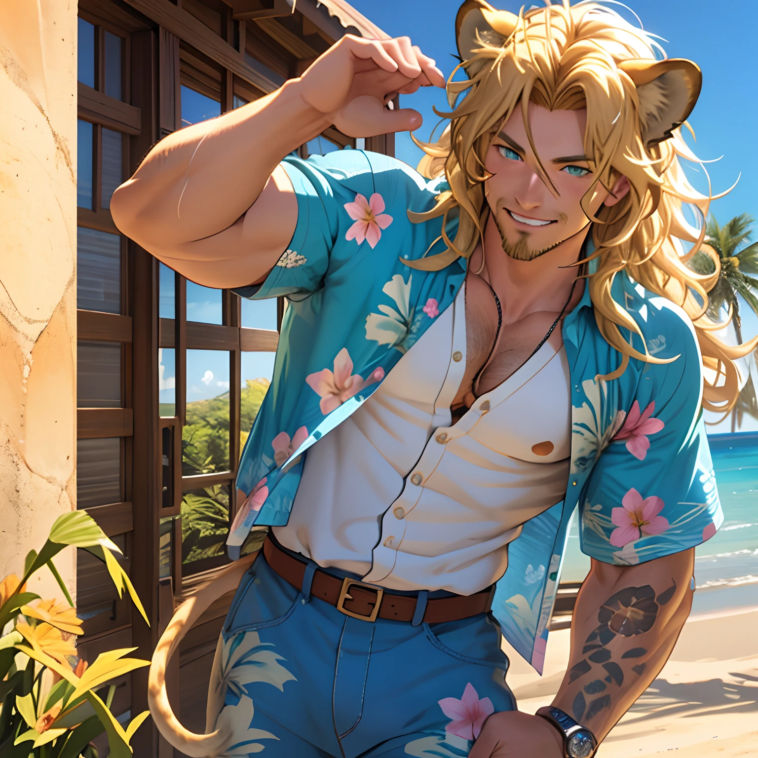 Blue Hawaiian shirt, One male, lion ears, long hair, blond, blond hair, green eyes, tall, muscular, beautiful face, highest quality, masterpiece, 3d, anime, perfect face, highest detail, feline eyes, stubble, lion tail, wavy hair, cowboy shot, detailed face, intricate details, sunny background, smile, solo