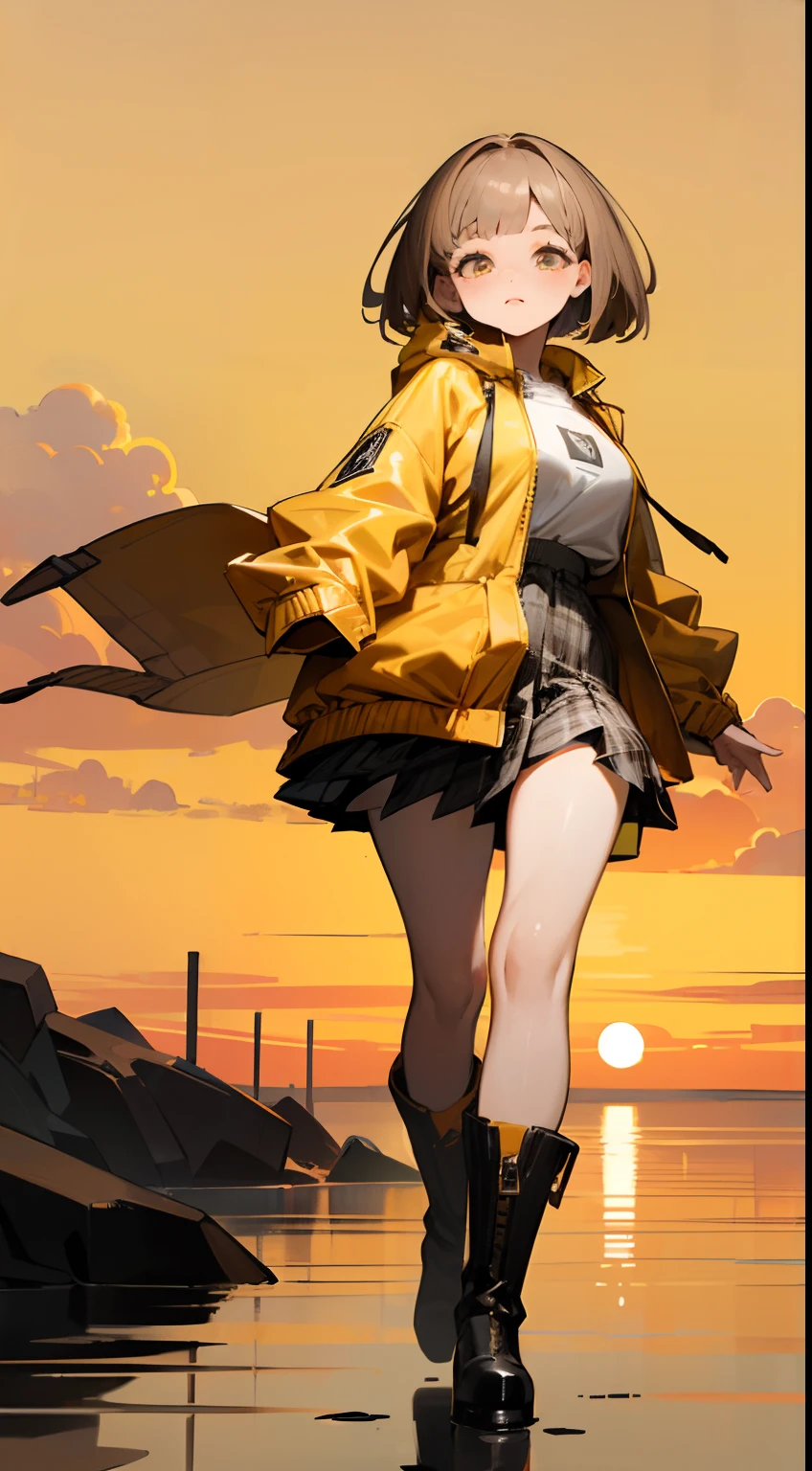 top quality,16K, masterpiece, beautiful high school girl， Light brown beautiful bob hair, Light brown beautiful eyes, looking at viewer, Light brown medium bob hair, plump breast, standing open legs, BREAK (yellow theme:1.4), (oversized and baggy yellow outerwear:1.3), (fusion of yellow windbreaker and yellow hoodie:1.4), (yellow Nylon:1.4), ((zipper, large pocket):1.3), BREAK (black and white plaid-pattern pleated-skirt:1.2), (black platform HIGH boots:1.2), sunset seashore, orange sky, beautiful clouds,