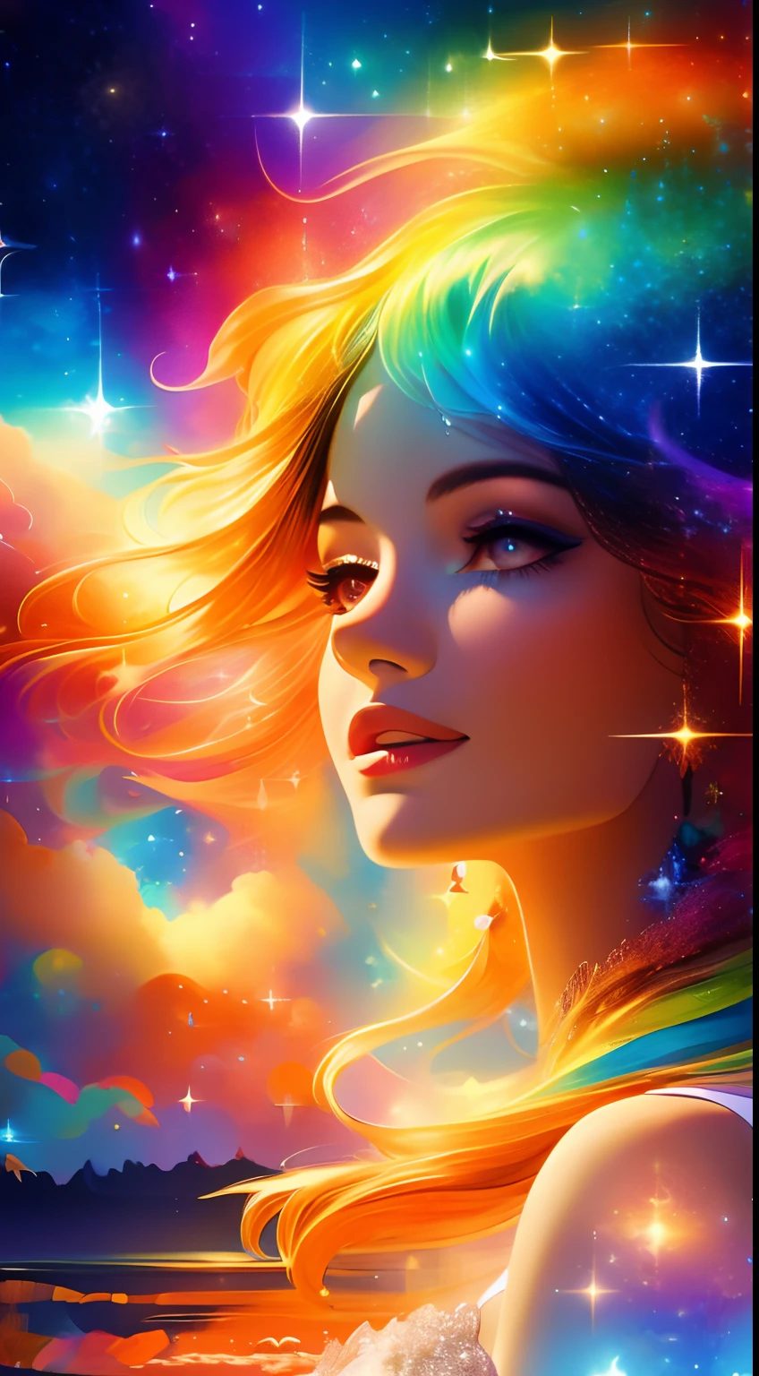 Portrait, Elegant woman dressed in sparkling clothes, Cosmic dress, Long flowing hair, Exuding peace, Tranquility, Perfect, Colorful fine linen, She is surrounded by splendid stars and bright clouds, Smoke, Misty, shimmering aura, morning lighting, Close-up, Glowing skin, soft, Calm galactic pupil eyes, In the distant sky, twinkled with bright stars, 8K UHD, Digital SLR, Soft lighting, High quality, Style - rust magic Deep journey, Deep journey