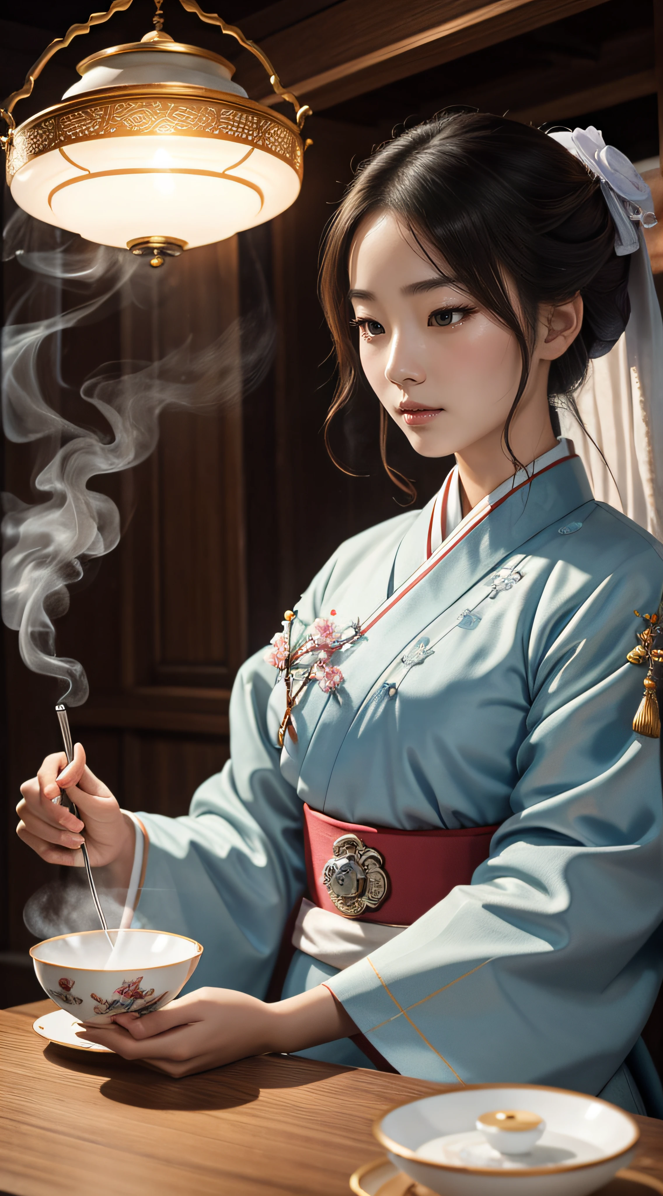 ((high-definition Chinese traditional ink image, hanfu)), eyes realistic sizing, drooping eyes, smiling, ((spread legs and standing to hit her crotch on a corner of the table for masturbation)), ((pubic hair, large areolas, orgasm)), strong sunlight, old fashion, open mouth, old temple,