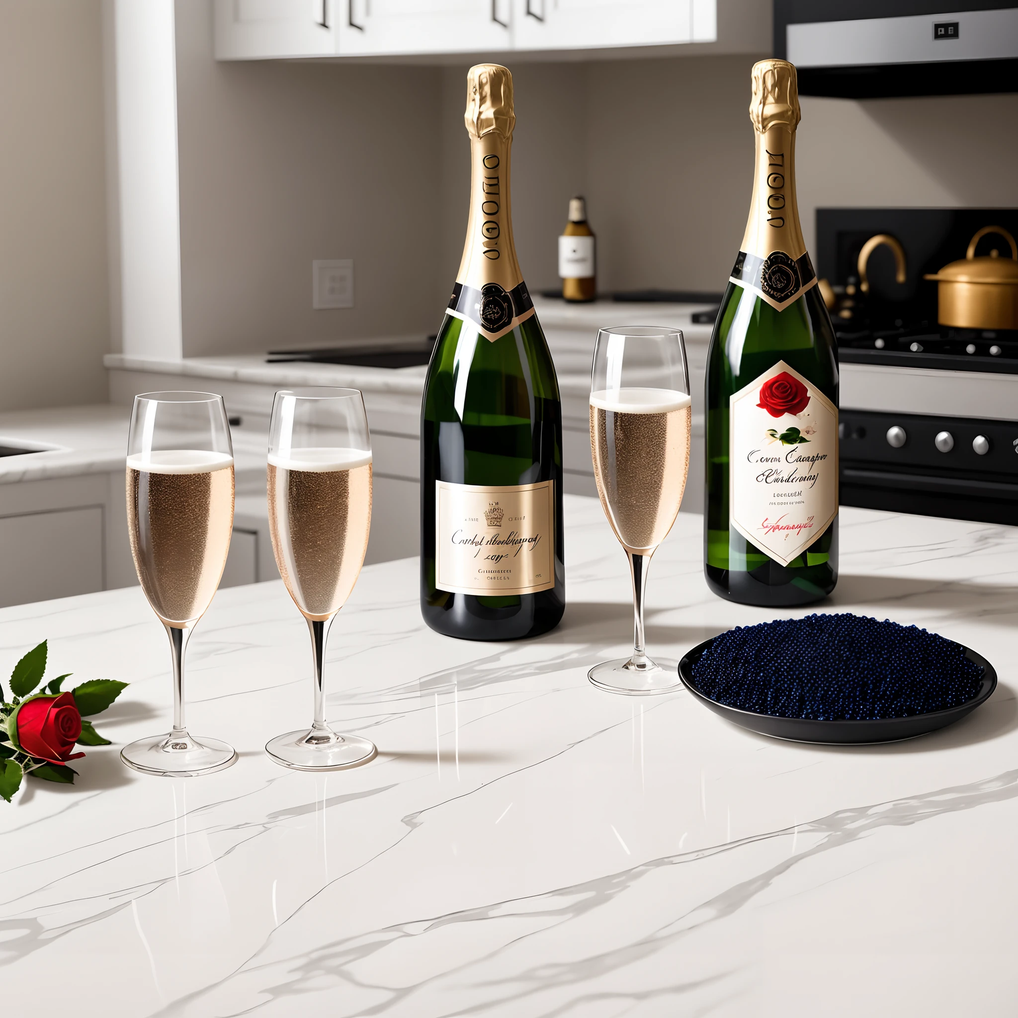 Image of an expensive bottle of champagne, with a half filled champagne flute next to it. Also a half dozen of red roses in a vase along with caviar all sitting on a marble top counter in a beautiful decorated kitchen