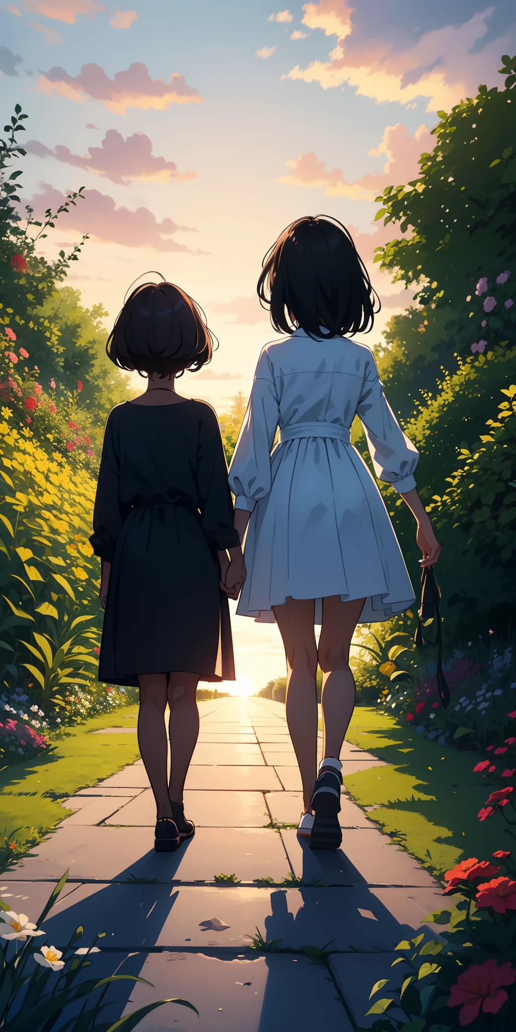 A  black girl with her little brunette sister holding hands and walking away towards the sunset in a garden in a clipart design