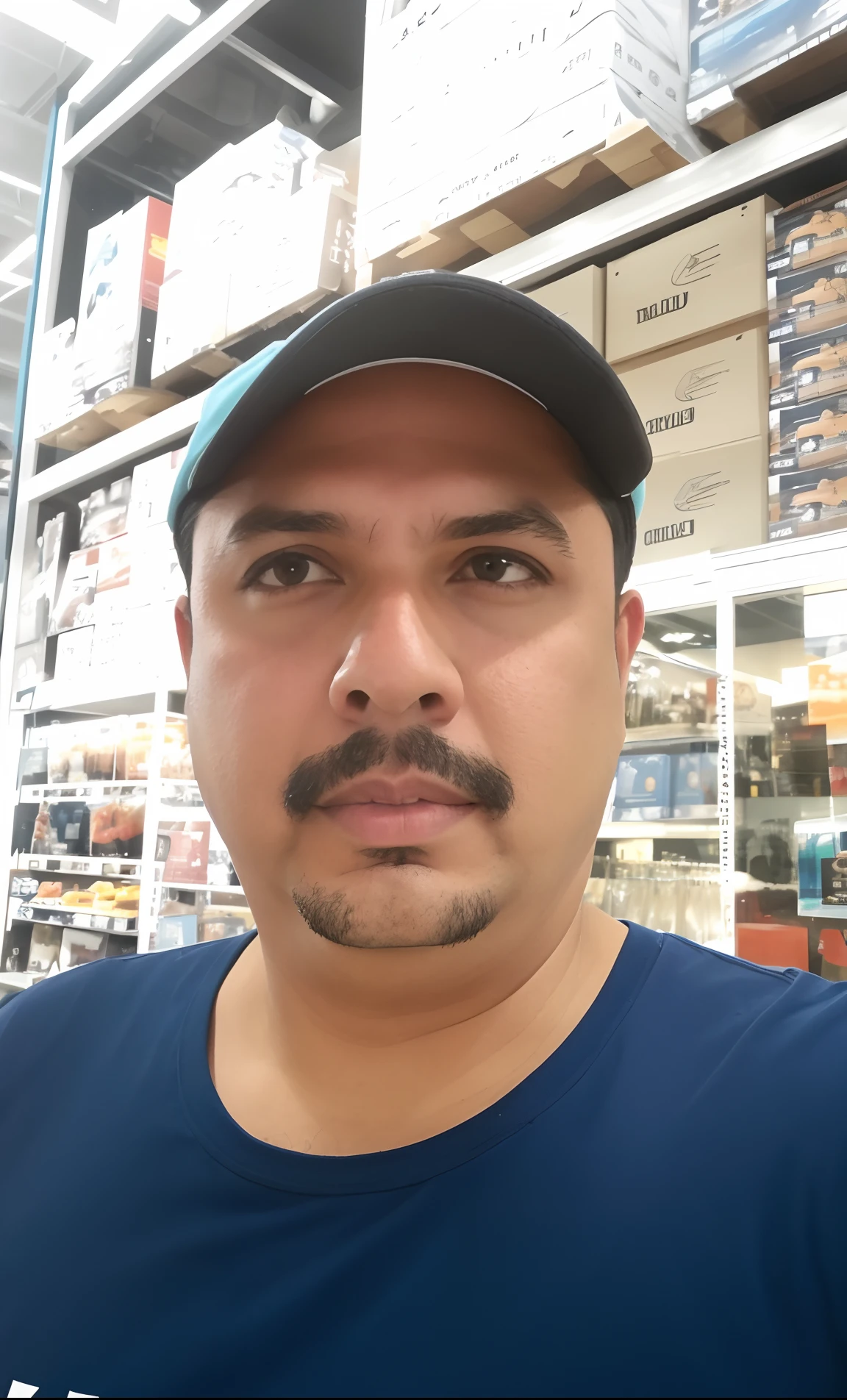 Man in blue shirt and hat in store, Bigode mexicano, foto do perfil, taken in the early 2020s, imagem de qualidade muito baixa, zigor samaniego, parecendo confuso, cerca de 3 5 anos, Homens de 45 anos, Me ajuda, Homem de 4 0 anos, looking away from camera