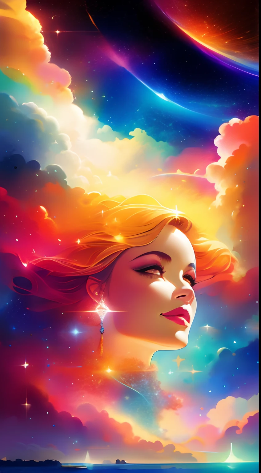 Portrait, Elegant woman dressed in sparkling clothes, Cosmic dress, Long flowing hair, Exuding peace, Tranquility, Perfect, Colorful fine linen, She is surrounded by splendid stars and bright clouds, Smoke, Misty, shimmering aura, morning lighting, Close-up, Glowing skin, soft, Calm galactic pupil eyes, In the distant sky, twinkled with bright stars, 8K UHD, Digital SLR, Soft lighting, High quality, Style - rust magic Deep journey, Deep journey