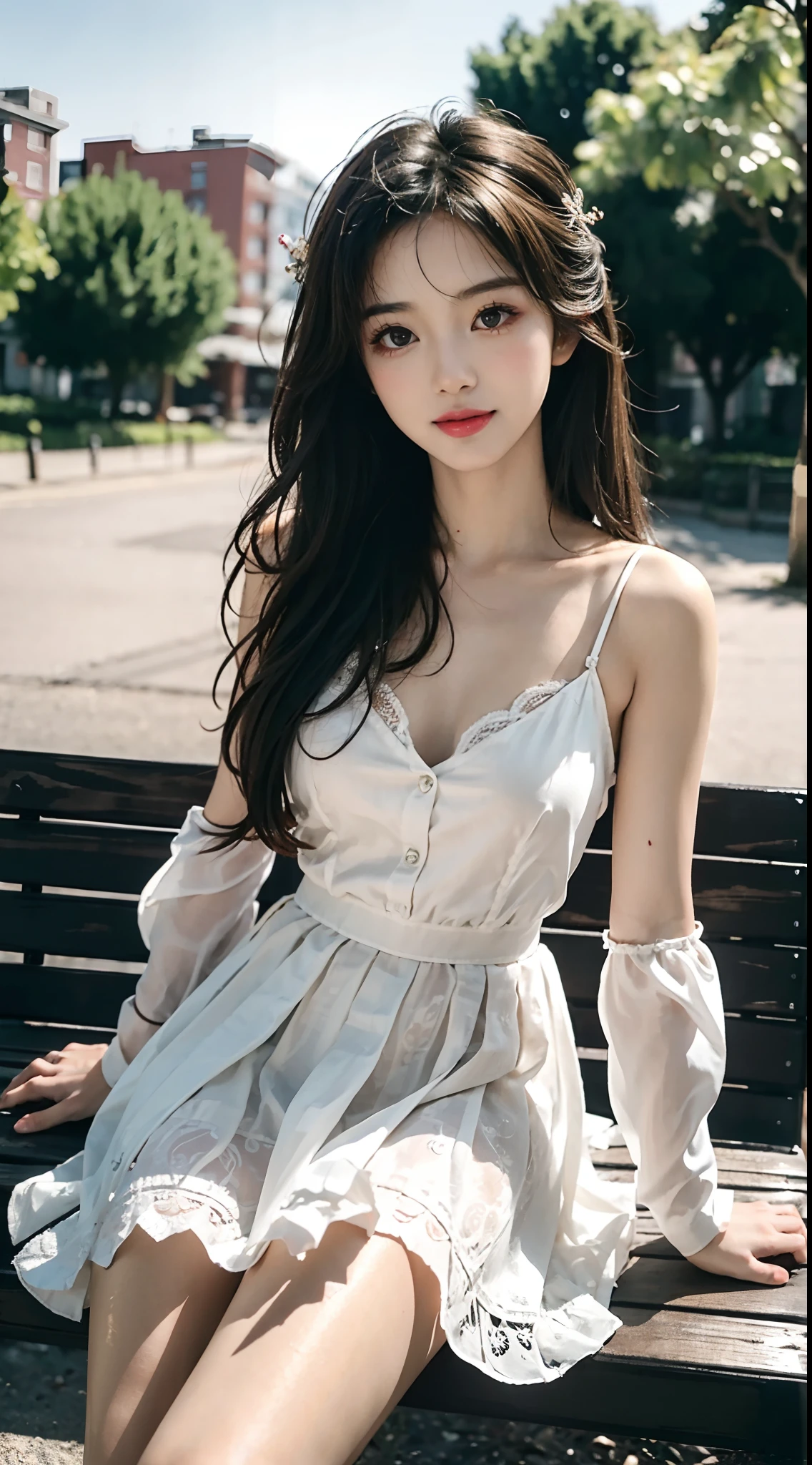 ((cowboy shot)), Shot from a random perspective, 24-year-old Asian model, slim, Slimming the waist, curlies, White thin silk fabric lace petticoat, cropped shoulders, warm lights, Warm tones Slender legs, Cross ed leg, In the park, Sit Pose, sitting on a bench, blonde hair, streaked hair, hair ornament, heart-shaped pupils, makeup, light smile, shy, licking lips, Romanticism, Social realism, chiaroscuro, motion blur, anaglyph, Sony FE GM, UHD, masterpiece, textured skin, super detail, best quality