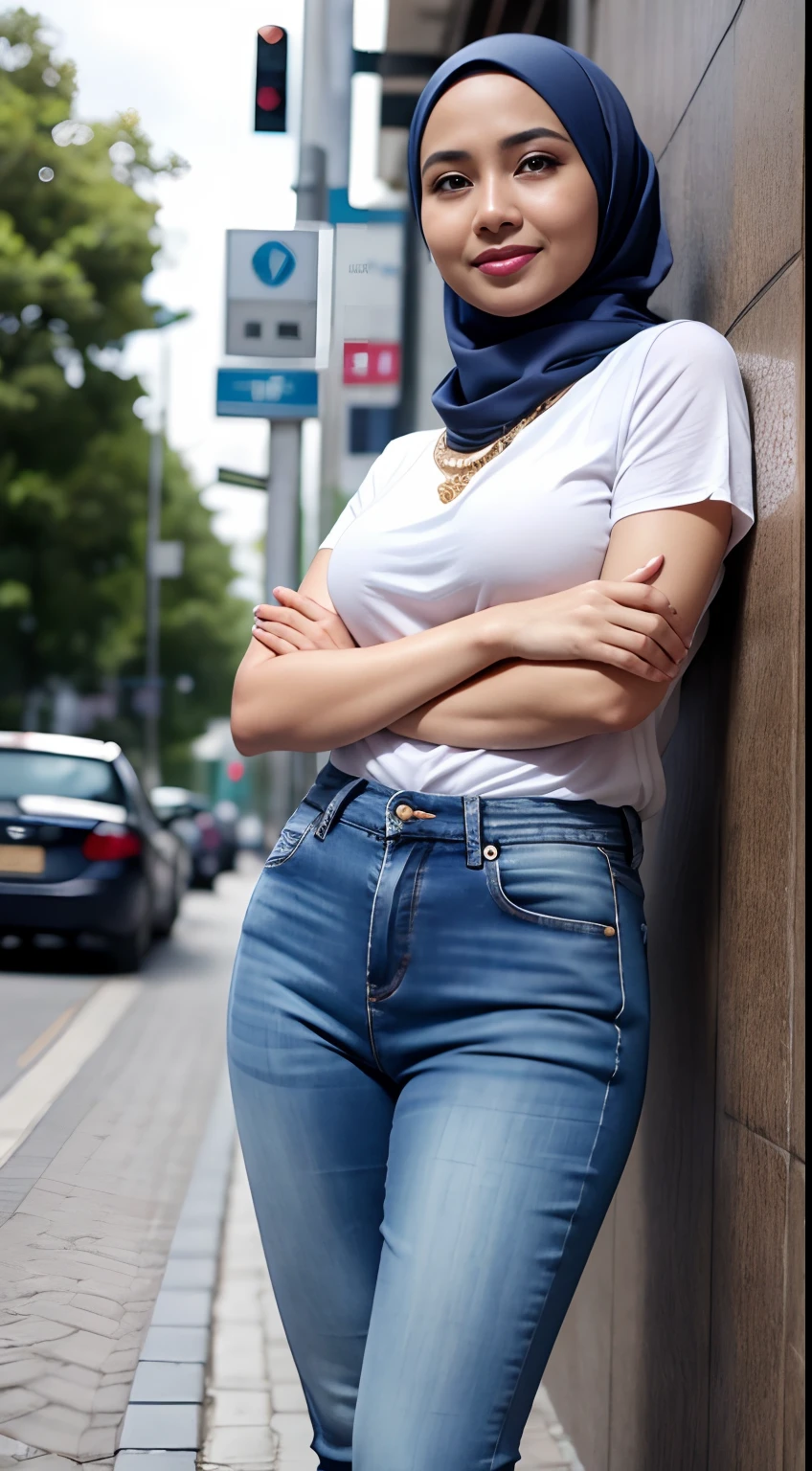 RAW, Best quality, high resolution, masterpiece: 1.3), beautiful Malay woman mom in hijab (iu:0.8),modern outfit muslim,jeans,hijab,optimistic,street photography