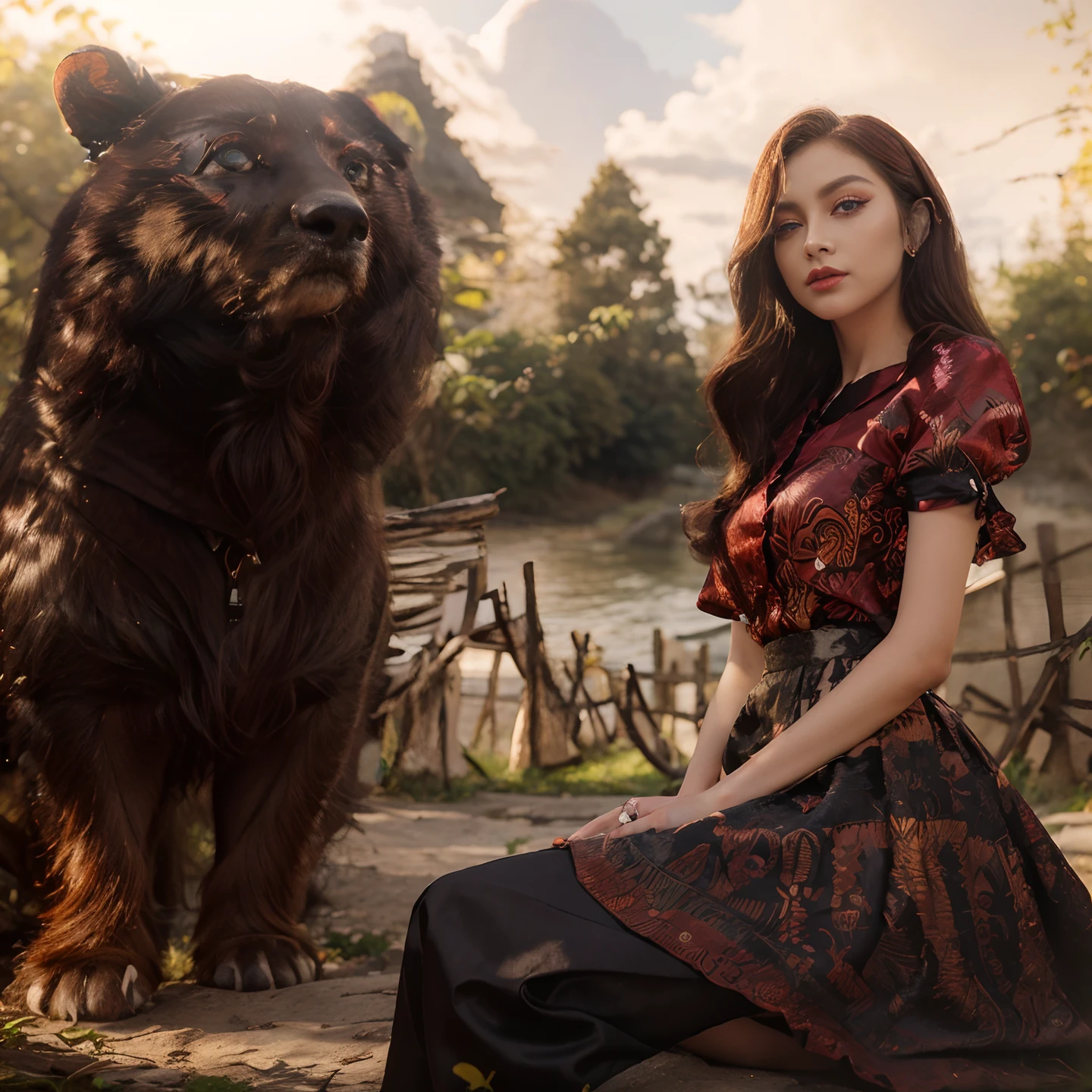 Masterpiece, Best Quality, 3D Rip Artwork, 3DMM Style, Close-up, Portrait, Realism, a woman beautifully makeup, eyeshadow, Parted Lips, Challenge Eye, beautiful big eyes, long eye lashes, (( red n black batik satin shirt)), strolling on a trail in the spring, garden, river