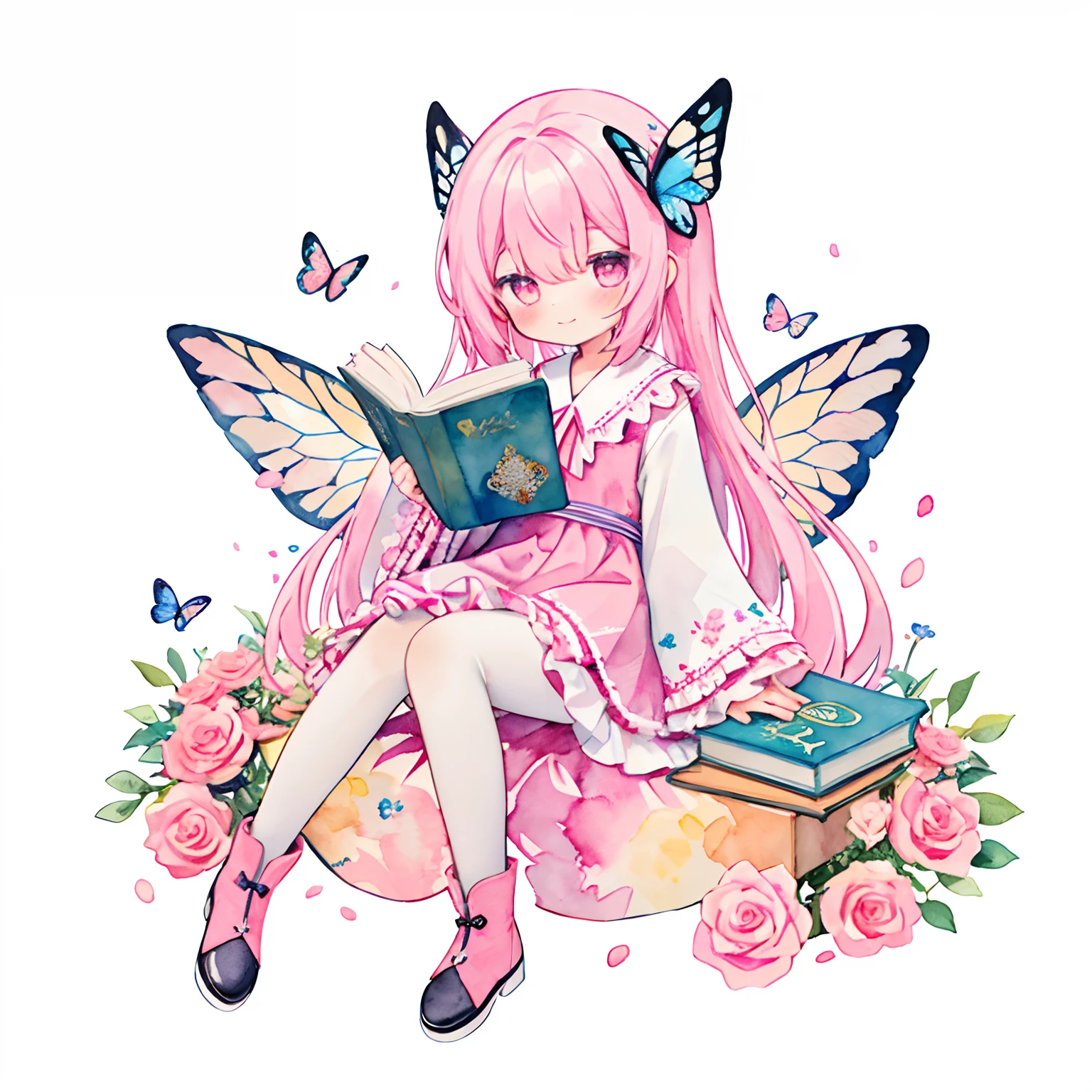 (Pink Theme),1girl in, Solo, flower, Pink hair, Long hair, Wings, White background, pink flowers, Hair Ornament, Boken, Pink eyes, Sitting, Hair Flower, Dress, frilld, Simple background, white footwear, Looking at Viewer, Bangs, flower petals, Wide sleeves, Full body, blue flower, Holding, long boots, Long sleeves, Closed mouth, Very long hair, open book, Wrist cuffs, White Dress, holding book, Butterfly wings, , Pink Rose, blush, purple flower, frilly dress, fairy wings, frilly sleeves, (PastelColors:1.3)、(Cute illustration:1.3)、(watercolor paiting:1.3)、A smile