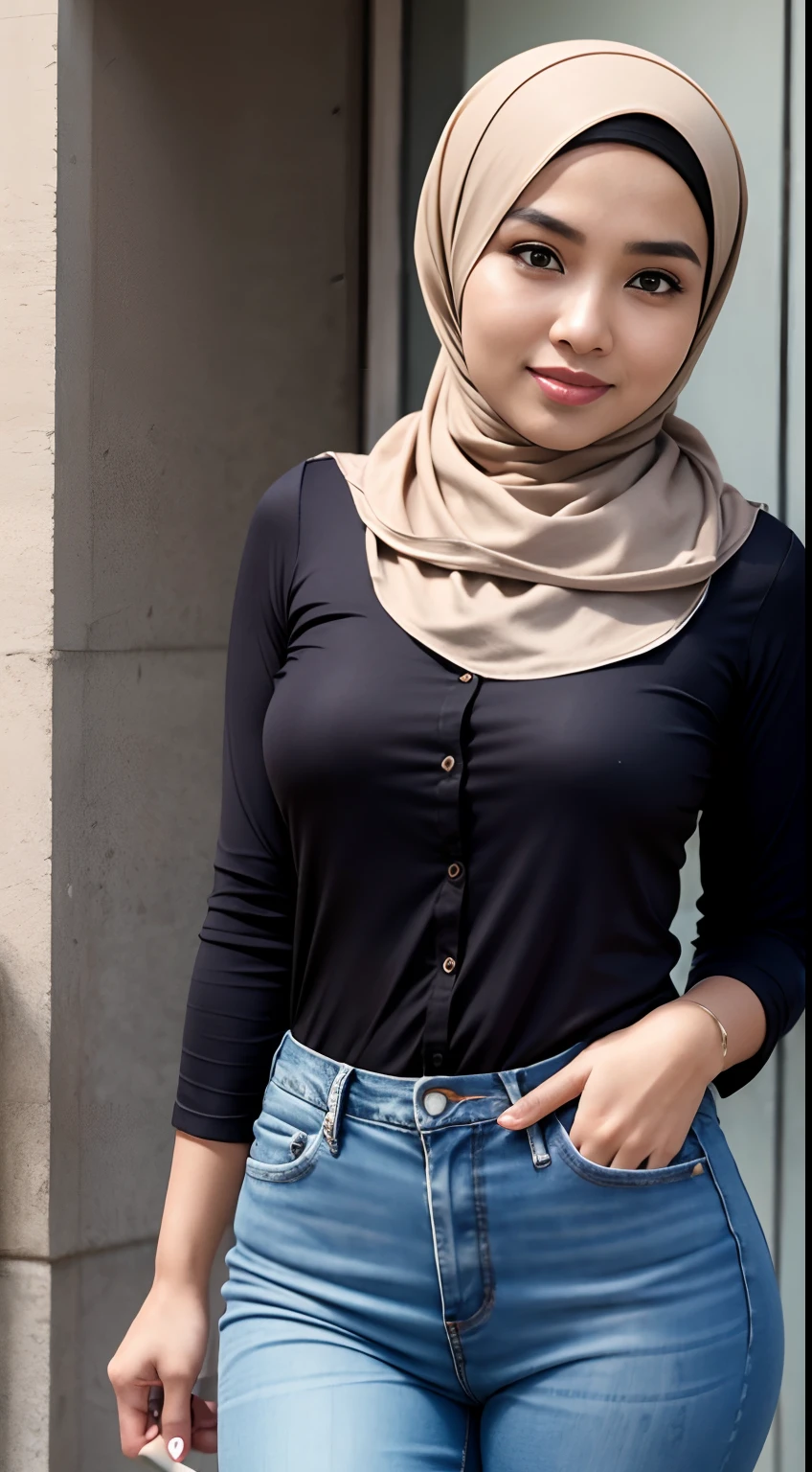 RAW, Best quality, high resolution, masterpiece: 1.3), beautiful Malay woman mom in hijab (iu:0.8),modern outfit muslim,jeans,hijab,optimistic,street photography