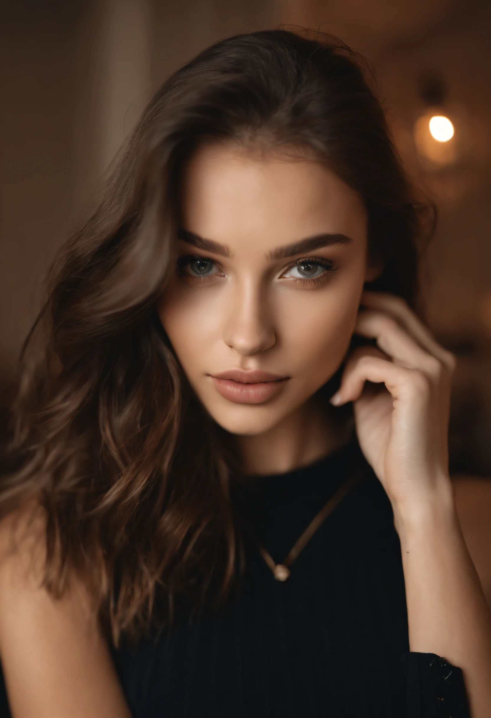 russian woman in a black bra top posing for a picture, 30 years old, sexy face, jaw dropping beauty, portrait sophie mudd, 21 years old, she is wearing a black tank top, jaw-dropping beauty, 2 , sexy gaze, 1 6 years oldot, sexy look at the camera, cleavage