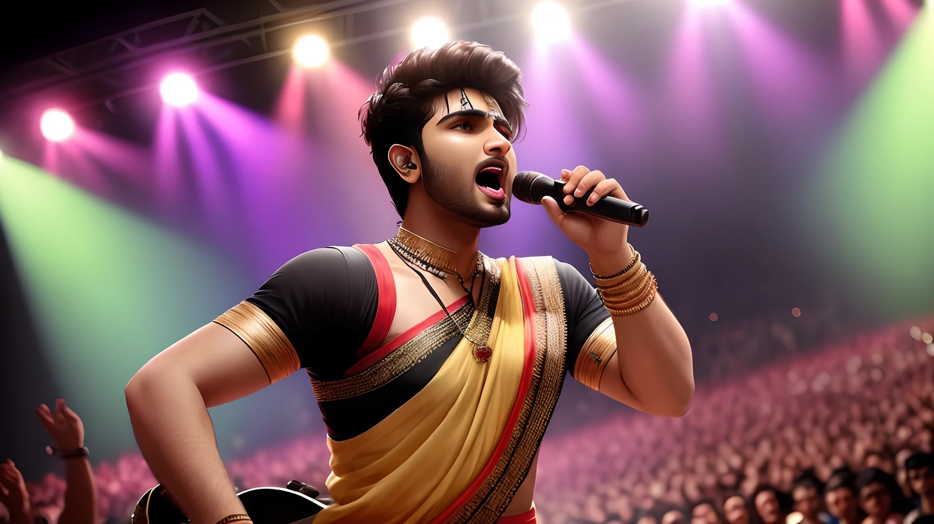 Indian male singer most realistic singing on a stage full with crowded