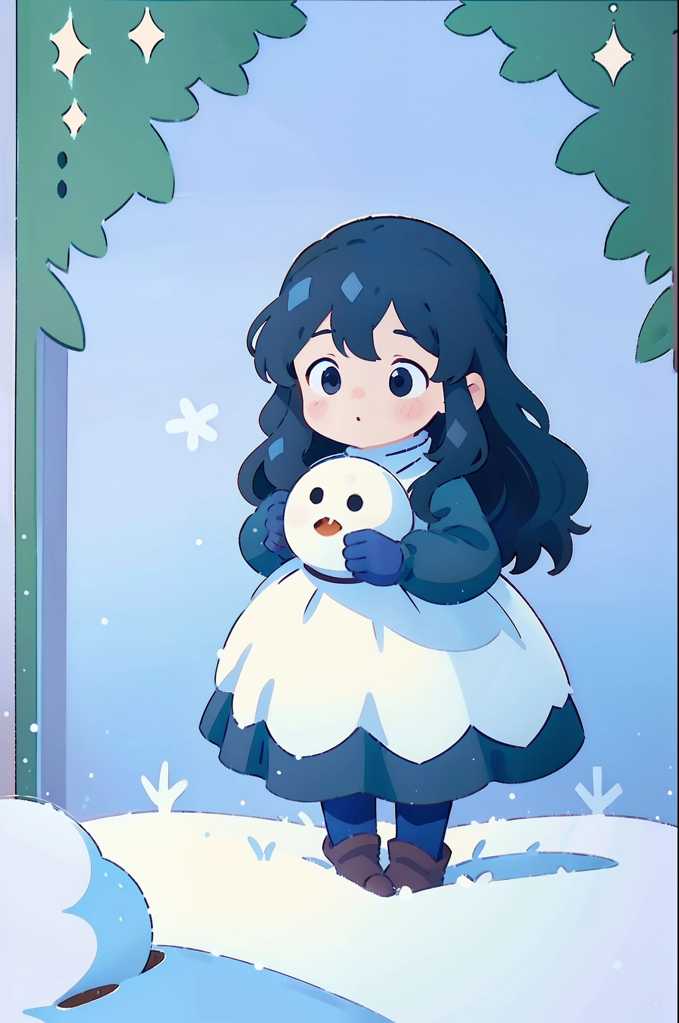 Little girl in gloves building a snowman in winter forest, black long hair, prospect,white long-sleeved dress, winter, snowman, snow scene, warm light, outdoors, fairytale, fantasy, bright background, blank top frame, Victo Ngai style, best quality 8k, super detailed