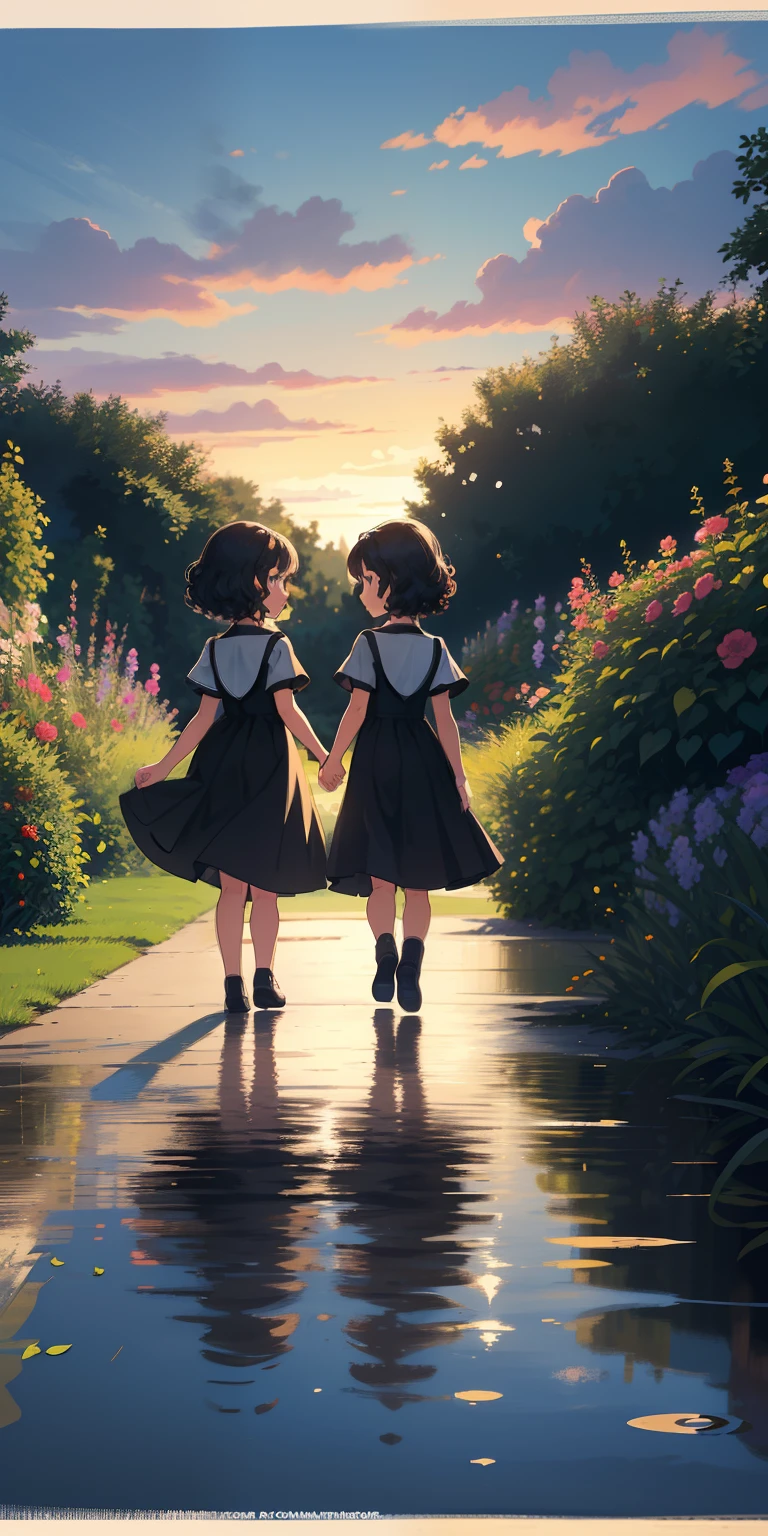 A little Black five year old girl with a curly black bunwith her little four year old white brunette sister holding hands and walking away towards the sunset in a garden in a clipart design