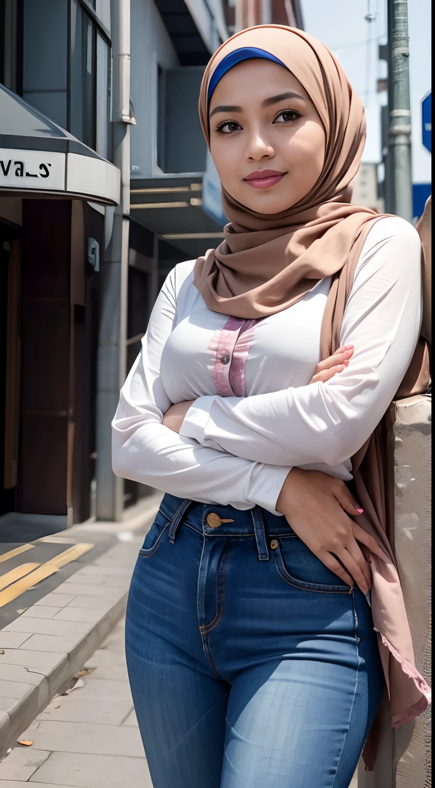 Malay girl wear white shawl hijab, wear big pink Floral Print Flounce Sleeve Square Neck Dress with jeans and long skirt, laughing and chatting in cafe, wear backpack, front view, hijab blown, windy, detail skin, age spot, detail skin texture, mole below eyes, small breast, flat chest, wide hips, small waists, thick thighs, slim abs, beautiful body, nighttime, laughing, happy, bright lighting, college student in background, crowded cafe, blur background, bokeh,