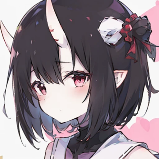 anime girl, bust close up, pale skin, short pink hair, oni horns