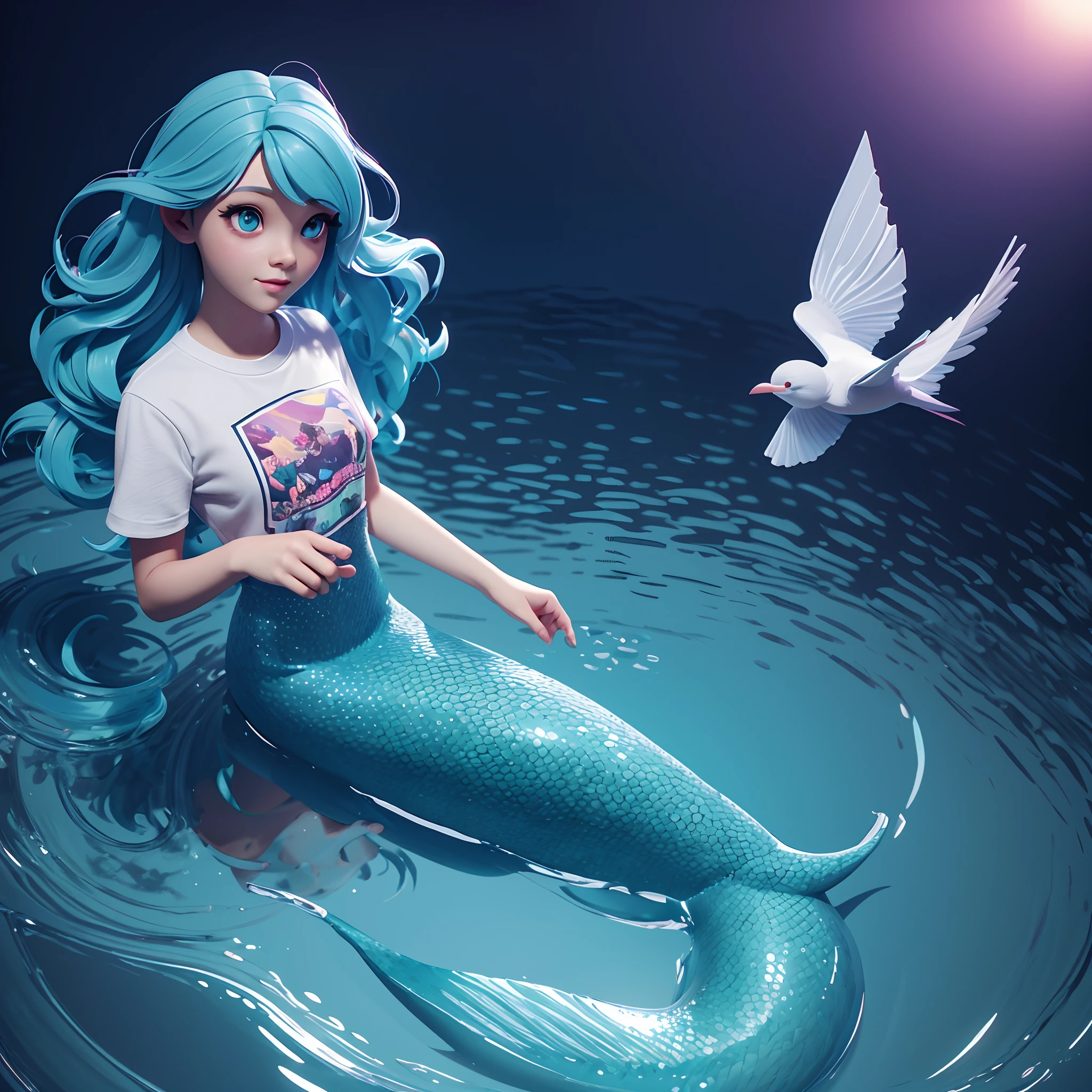 A detailed photorealistic cute, full body Mermaid, small with large eyes, magic, on a white background, Fantasy style, realistic full body, dark colour , magic splash, bright, gothic, t-shirt design, in the style of Studio Ghibli, pastel tetradic colours, 3D vector art, cute and quirky, fantasy art, watercolour effect, bokeh, Adobe Illustrator, hand-drawn, digital painting, low-poly, soft lighting, bird's-eye view, isometric style, retro aesthetic, focused on the character, 4K resolution, photorealistic rendering, using Cinema 4D
