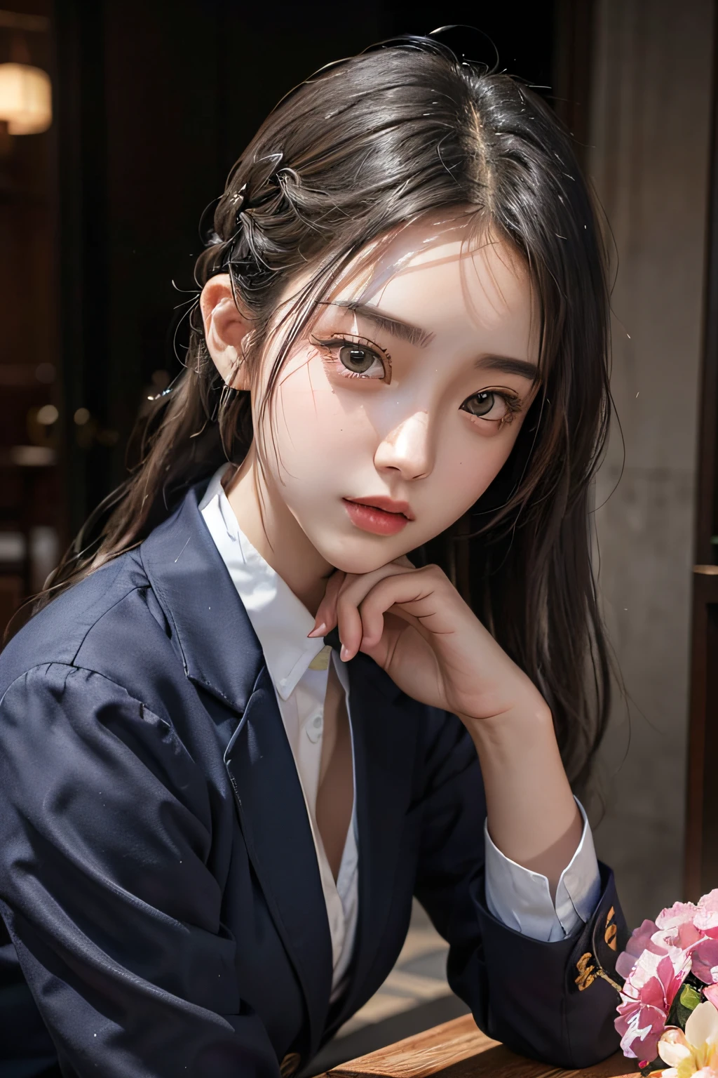 Photo Uniform Pose(Dark blue blazer、White dress shirts、Charcoal Grape Pleated Skirt)Close up portrait of woman wearing it, Braided midlift for black hair、Beautiful Asian Girl, Korean Girl, girl cute-fine face, beautiful Korean women, Gorgeous young Korean woman, sakimichan, Beautiful young Korean woman, The face of a beautiful girl in Japan, yangjun chen, Cute delicate face, Gorgeous Chinese models, Beautiful detailed body and face、sixteen years old
