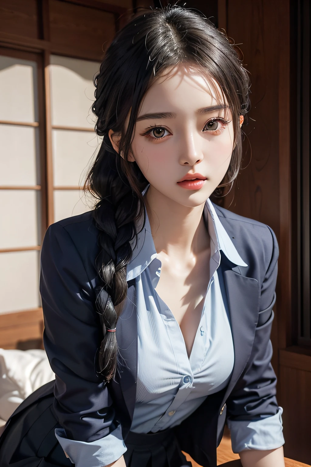 Photo Uniform Pose(Dark blue blazer、White dress shirts、Charcoal Grape Pleated Skirt)Close up portrait of woman wearing it, Braided midlift for black hair、Beautiful Asian Girl, Korean Girl, girl cute-fine face, beautiful Korean women, Gorgeous young Korean woman, sakimichan, Beautiful young Korean woman, The face of a beautiful girl in Japan, yangjun chen, Cute delicate face, Gorgeous Chinese models, Beautiful detailed body and face、sixteen years old