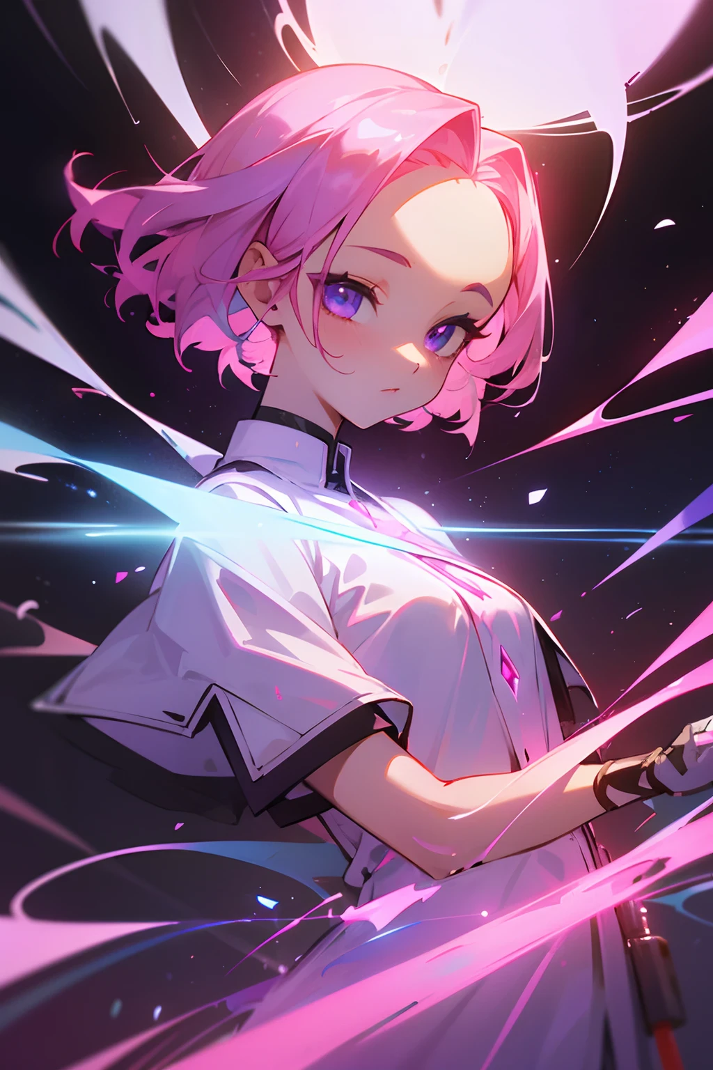 (Master parts, Best quality, hyper-detailing, Best shade), (white backgrounid), (beautiful face detail), hight contrast, (best illuminate, Extremely Delicately Beautiful), (Cinematic light)), vivd colour, Hippel de Tal Hamento, intricately details, Standing painting (1 girl, soio, forehead, A pink-haired, Sharp face, Short hair, Long fluorescent coating (brokenglass), Workwear, Redness of the eyes, hair between eye), The light swirls around the character, Purple light particles, Magical Circle, cyber punk style