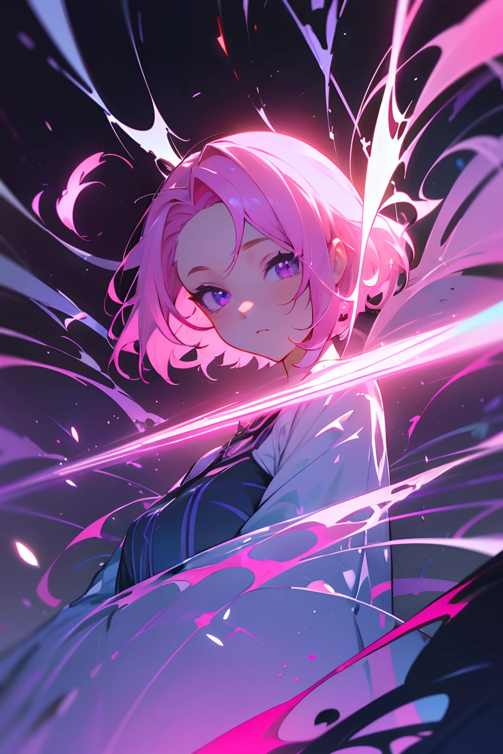 (Master parts, Best quality, hyper-detailing, Best shade), (white backgrounid), (beautiful face detail), hight contrast, (best illuminate, Extremely Delicately Beautiful), (Cinematic light)), vivd colour, Hippel de Tal Hamento, intricately details, Standing painting (1 girl, soio, forehead, A pink-haired, Sharp face, Short hair, Long fluorescent coating (brokenglass), Workwear, Redness of the eyes, hair between eye), The light swirls around the character, Purple light particles, Magical Circle, cyber punk style