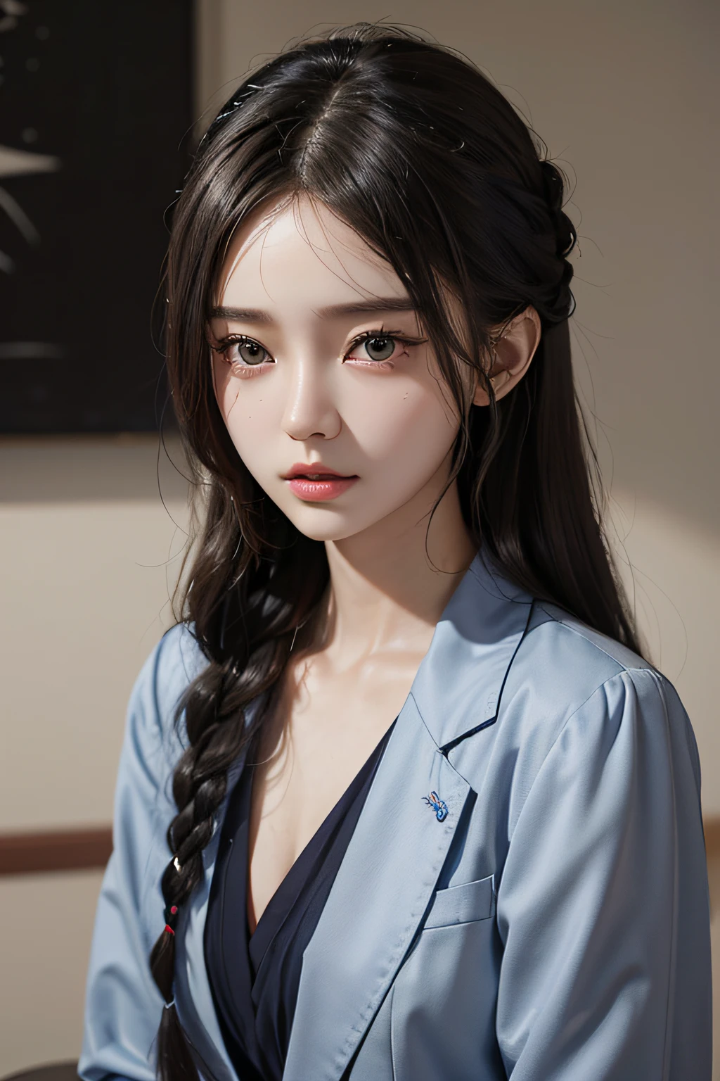 Photo Uniform Pose(Dark blue blazer、White dress shirts、Charcoal Grape Pleated Skirt)Close up portrait of woman wearing it, Braided midlift for black hair、Beautiful Asian Girl, Korean Girl, girl cute-fine face, beautiful Korean women, Gorgeous young Korean woman, sakimichan, Beautiful young Korean woman, The face of a beautiful girl in Japan, yangjun chen, Cute delicate face, Gorgeous Chinese models, Beautiful detailed body and face、