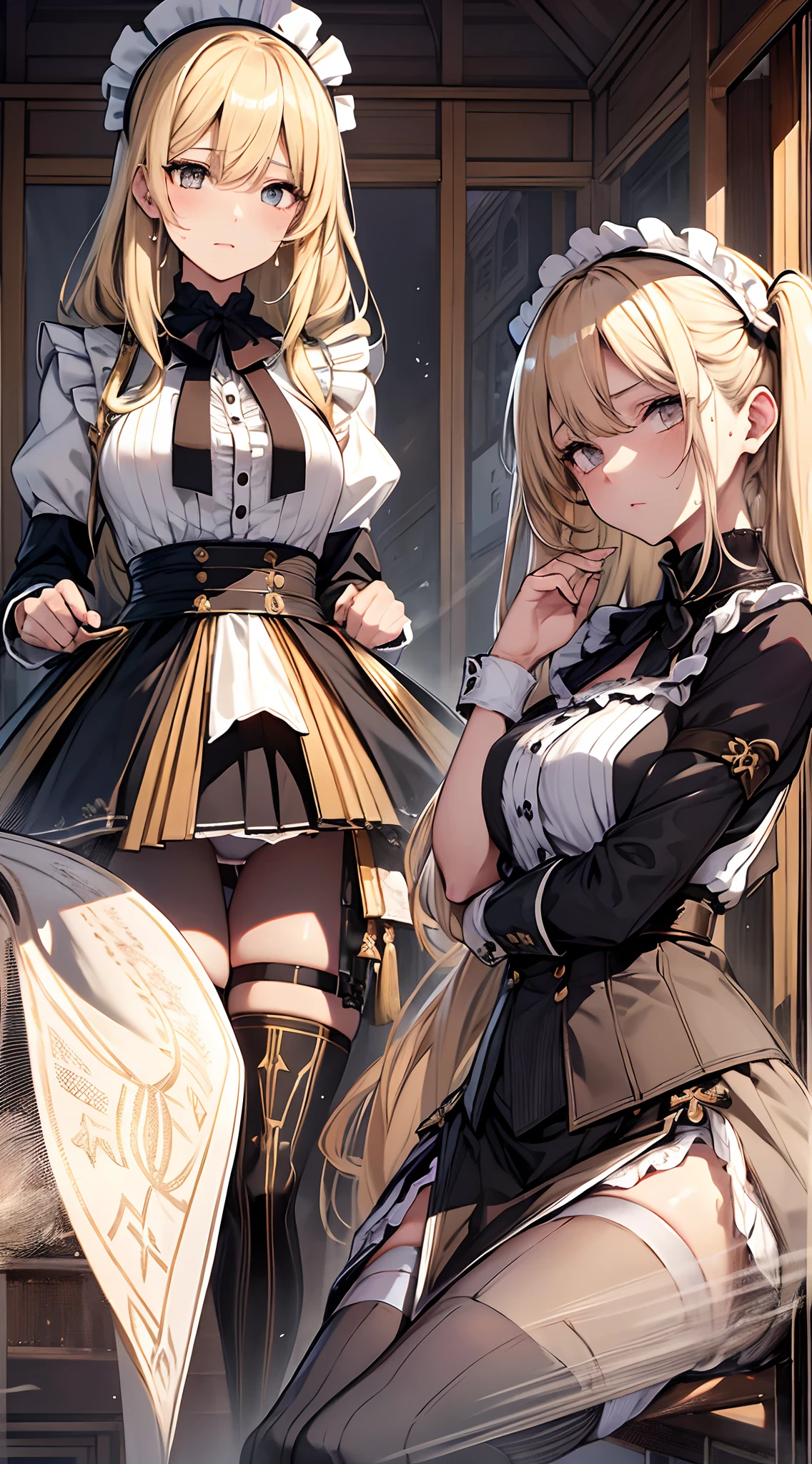 top-quality、supreme1People Girls,hightquality,A detailed face、A detailed eye、Detailed nose、Detailed mouth、 Beautiful expression, ((masuter piece)), ((High resolution)), ((Best Quality)), detail, (Disgusting face、Glaring at this), ((Skin shiny with sweat)), (maid clothes:1.6、garterbelts:1.3、Stockings:1.4、White panty)、 girl with, a blond, (Half Twin Tail)、Got:1.5、Lift the hem of the skirt with both hands to reveal the pants:1.5、fair white skin:1.3、、Smaller chest, cinmatic lighting, perfectly shaded,(((Western Pavilion))), Realistic lighting with shades,Reflecting the whole body