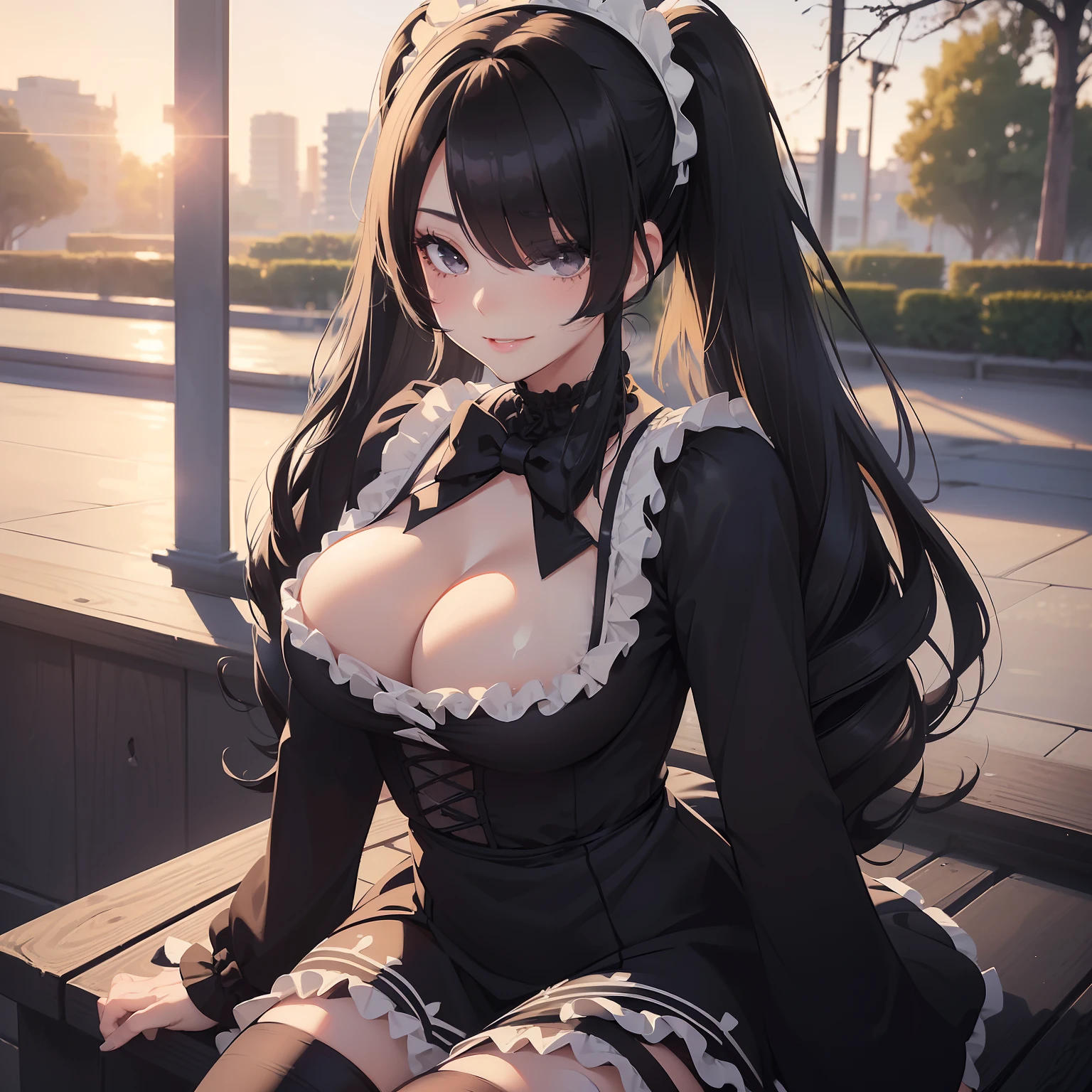 (((((Solo))))), Woman with black hair in twin tails, (hair covering 1 eye), ((wearing black and white ta dress)), (bow accessory), (black eyes), (((C cups)), ((curvy)), (stockings), at a park, sunset, beautiful lighting, perfect hands, beautiful eyes, sparkling eyes, sexy face, seductive pose, ((mature woman)), smiling, ((mature woman alice))