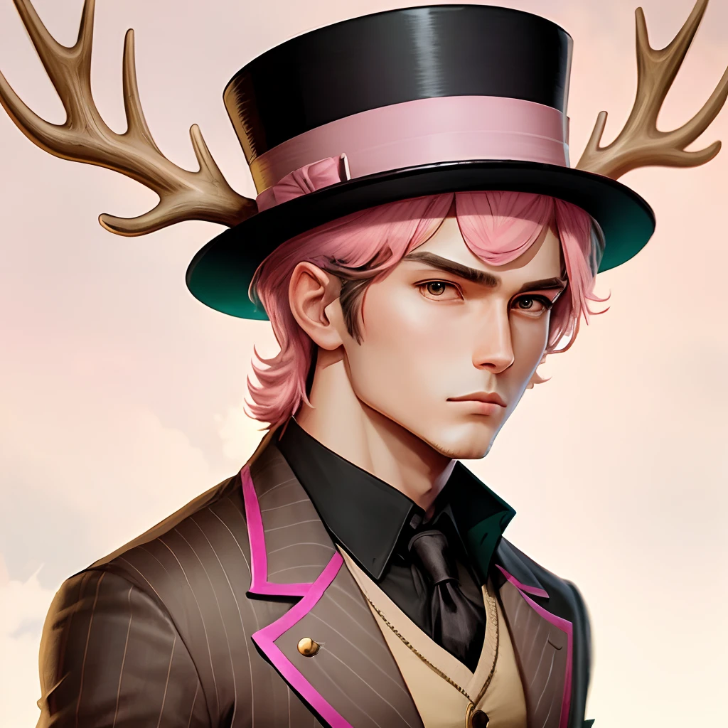 Pink anime person with a brown tophat and a brown striped shirt with antlers