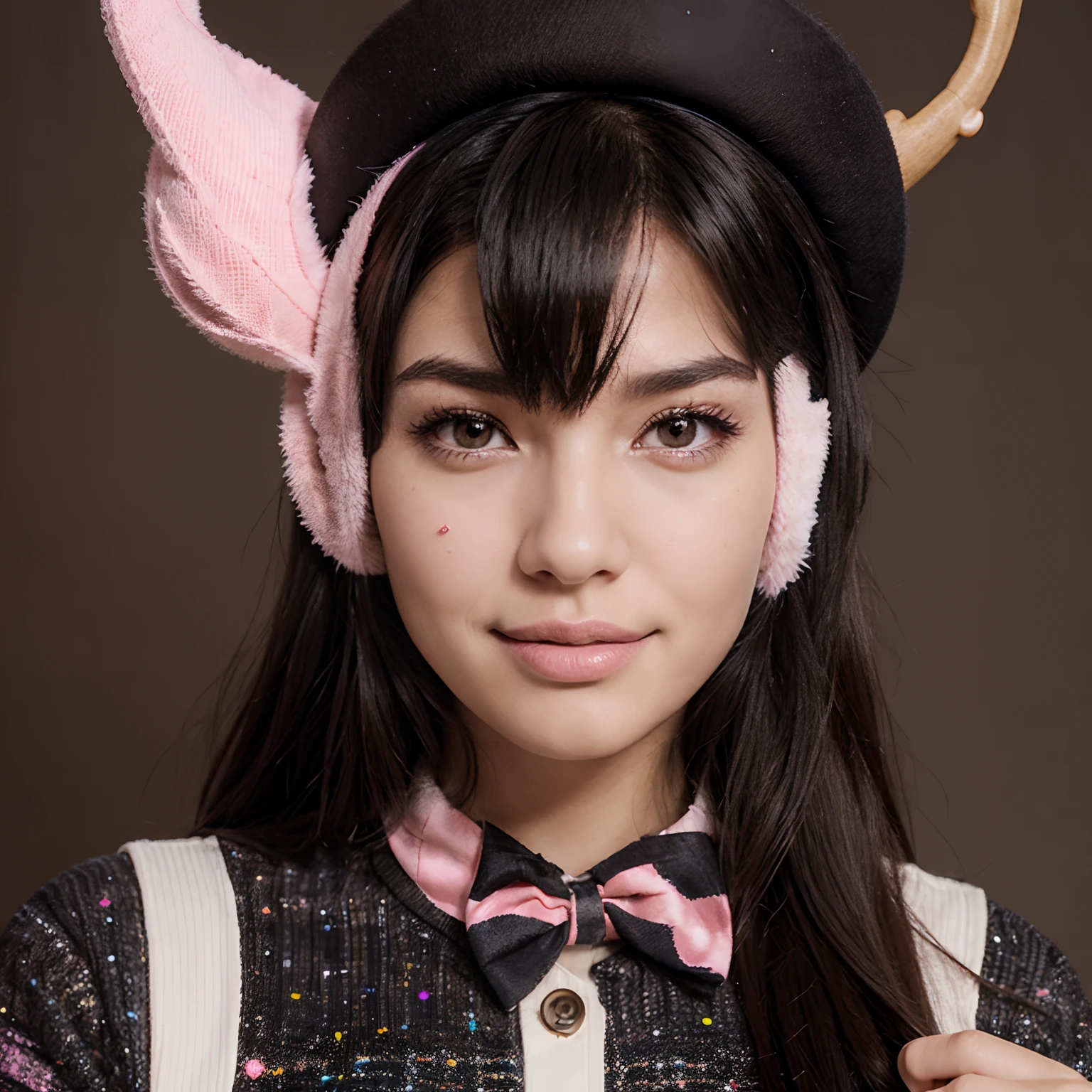 Pixelated person with pink skin and black hair with galaxy antlers winking with a thumbs up wearing a brown tophat and a brown striped shirt