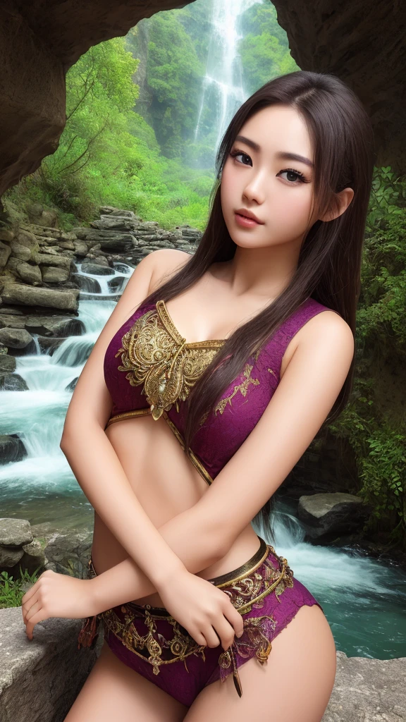2girls,duo,8K Raw photograph,naked,超高分辨率, filmgrain, filmg,view the viewer, Natural skin texture,Realistic eye and face details,((Realistic:1.5)),Ulzzang-6500:1.4,((Best quality)), ((Masterpiece)),((Detailed)),{2 beautiful women}, (Upper body:1.3),Hug and touch each other, Tease your friend's waist, Breathless friends, Biting a friend's earlobe, crouched,super wide shot,Face focus, Long legs,Curvy, Barefoot,Wide hips, Thin legs, Oversized eyes,Long eyelashes, (Detailed face,beautidful eyes, detailedpupils,detailed clothes features, Clear background:1.3), (armlets, bangle:1.3), Mysterious ancient ruins, floresta exuberante, Deep canyon,bridge,River,cliff,Cloud,lakes,Rock music,Waterfalls, Flowers, Grass,grape trees,tree,bright detail,Sharp,Perfect compounding, Intricate, Sharp focus, Dramatic,