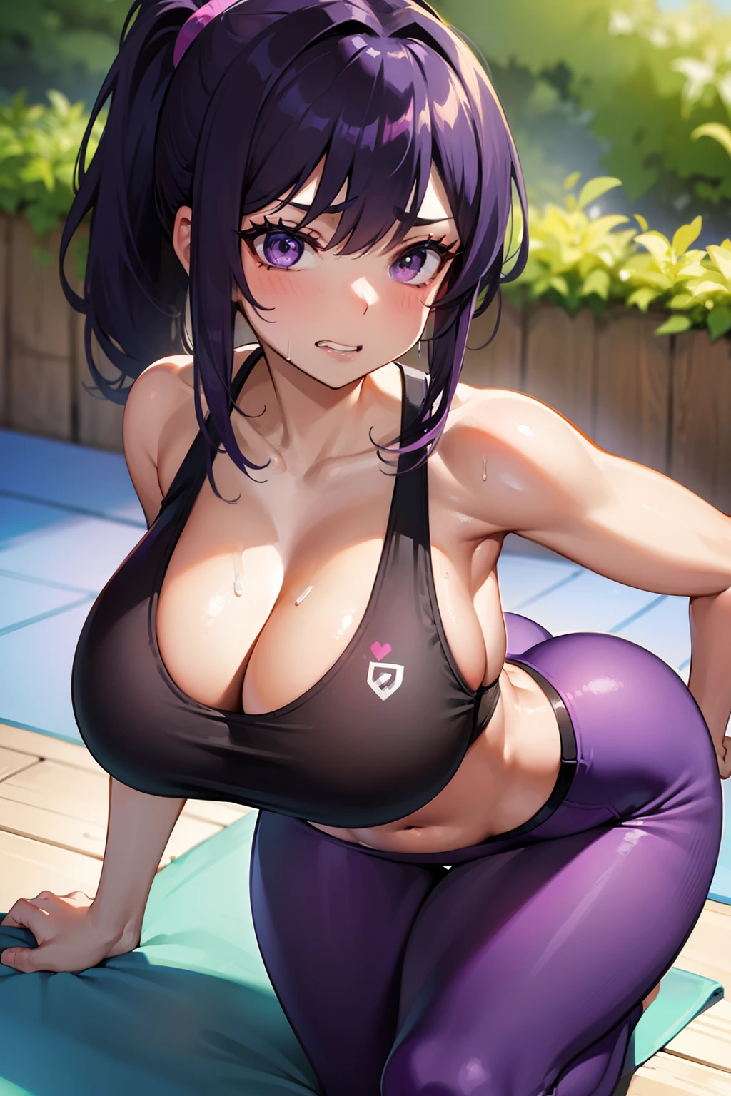 one-gir,Exercise while lying on a yoga mat,hot, big boobs, purplee clothes,ponytail,Sweated a lot, masive boobs push ups, sweat, steaming body, see thru sfw, tan, black hair, in pain, teeth clenching, clenching teeth, yoga pants, low angle, push-ups, in garden, purple clothing, sport bra, cleavage, curvy woman, wide hips