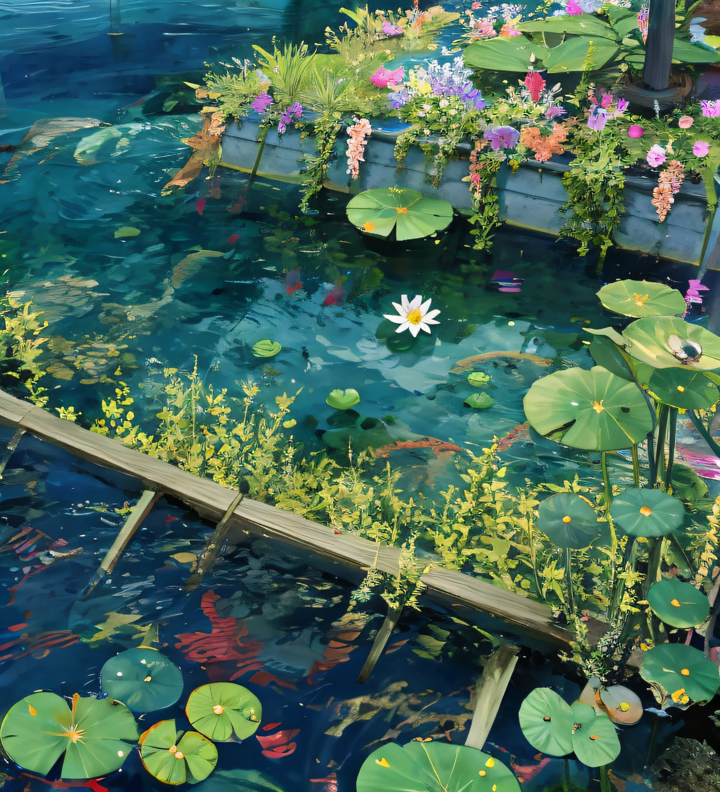 (Masterpiece:1.2), Best quality,fantasy,
scenery, Overlooking, water, No Man, flower, lily pad, Outdoors, The fish