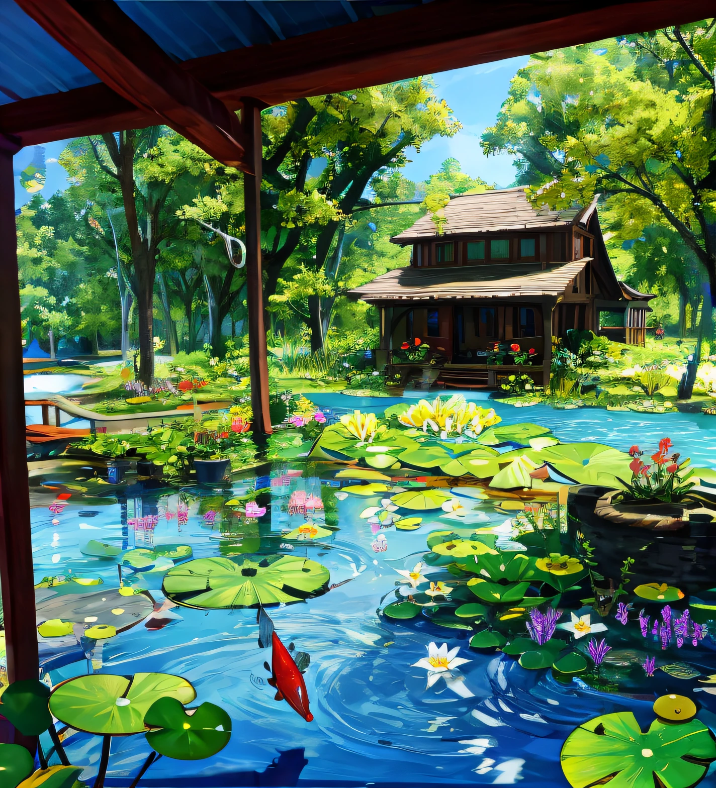 (Masterpiece:1.2), Best quality,fantasy,
scenery, Overlooking, water, No Man, flower, lily pad, Outdoors, The fish