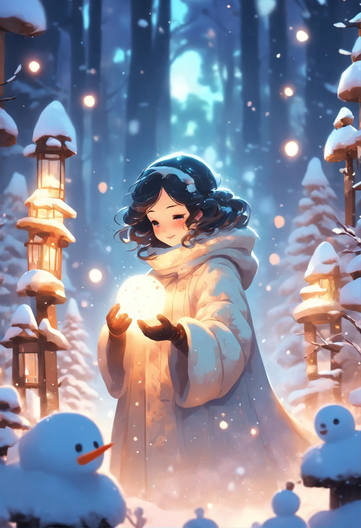 girl in gloves building a snowman in winter forest, black long hair, prospect,white long-sleeved dress, winter, snowman, snow scene, warm light, outdoors, fairytale, fantasy, bright background, blank top frame, Victo Ngai style, best quality 8k, super detailed