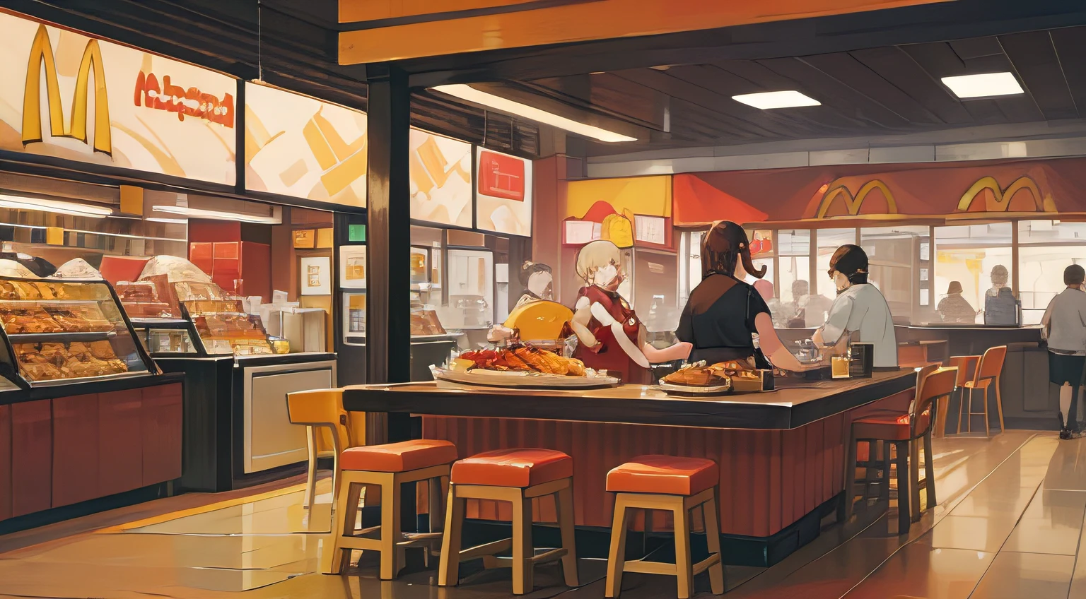 McDonald's cosy and vibrant indoor area, Equipped with comfortable tables and counters, Juicy and delicious burgers, Fried chicken， vibrant red colors, Yellow and brown create an inviting environment.