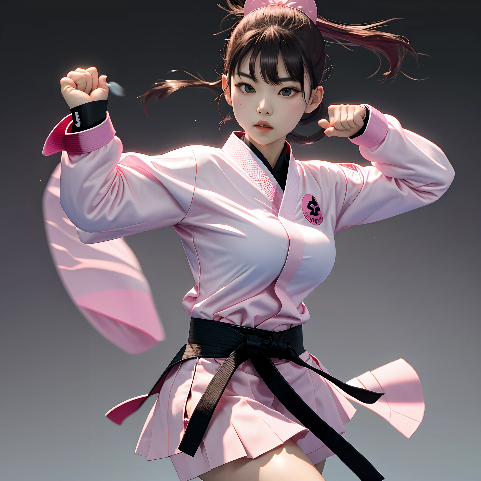 hello kitty doing taekwondo with a black belt and a pink bg with the name scarlett on her shirt