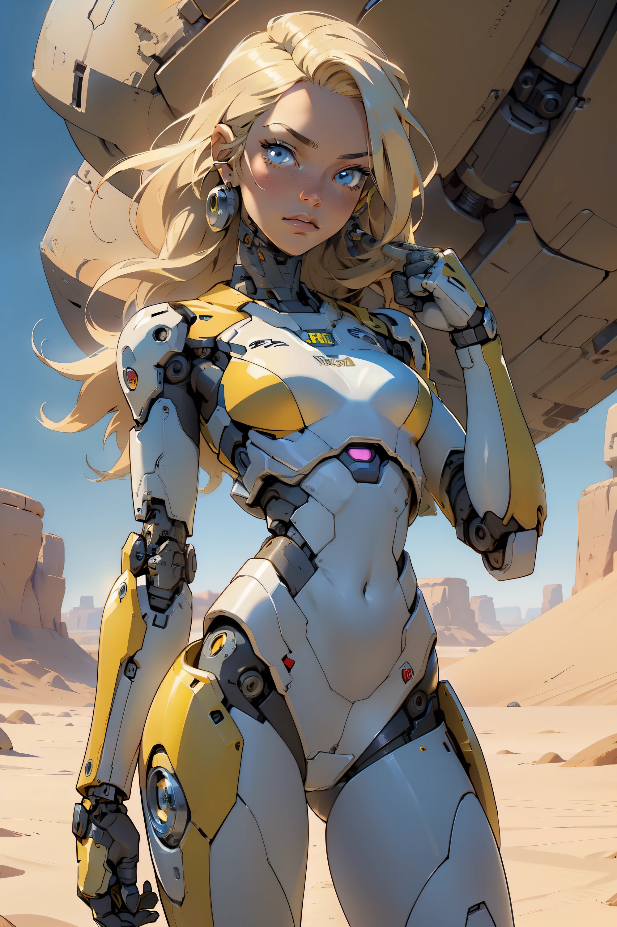 high quality, 4k, masterpiece, beautiful, cyborg girl, cowboy shot, clear eyes, looking at viewer, long blonde hair, girl, small breasts, fit thigh, robotic arms, robotic body, cyborg body, yellow accent, redaccent, intricate detail, joint, detailed lines, robotic detail, holding fist up, holding hand up as fist, color robotic parts, robotic parts with color, perfect fingers, on a desert planet, sunny background, colorful desert,