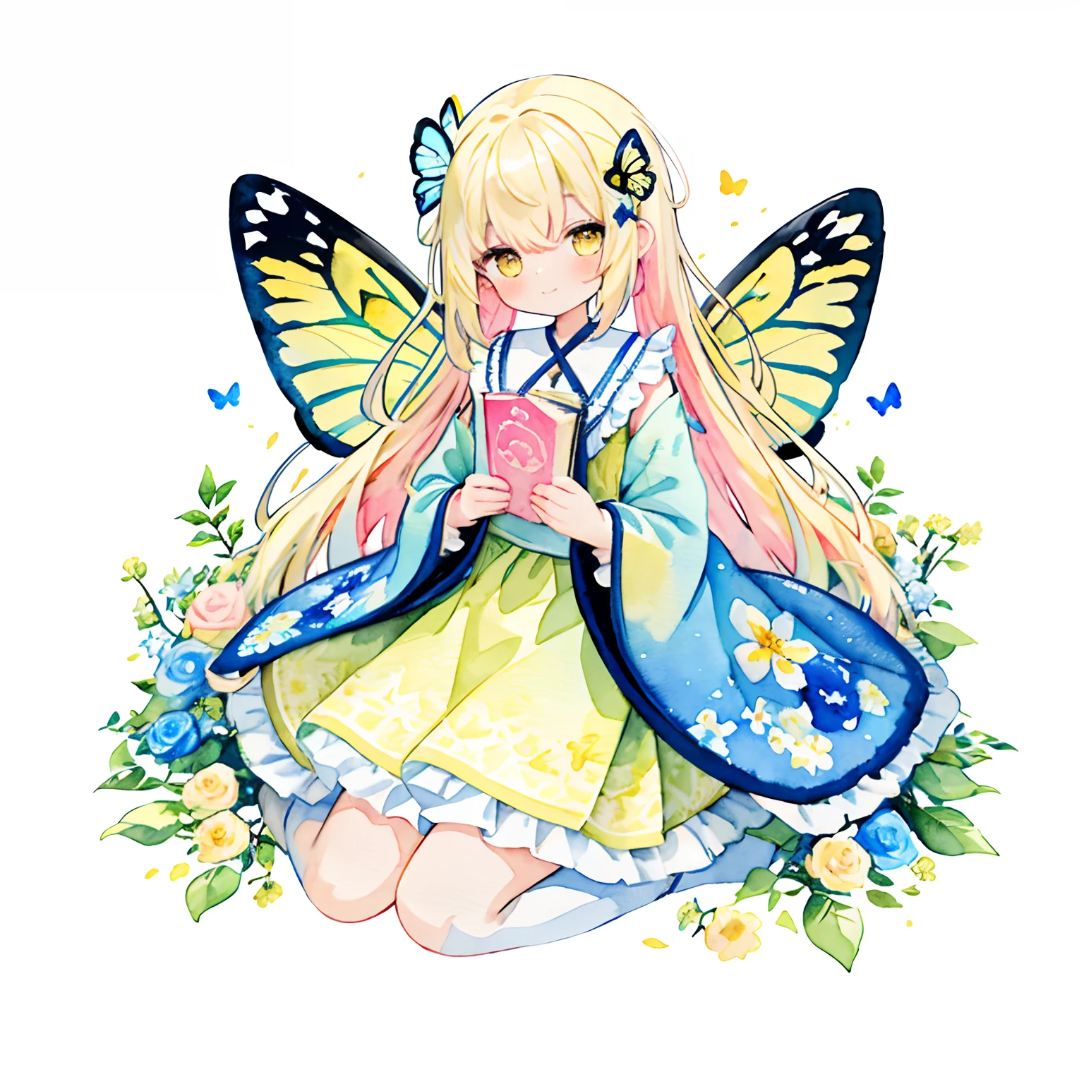(Yellow Theme),1girl in, Solo, flower, Yellow hair, Braid hair, Wings, White background, Yellow flowers, Hair Ornament, Boken, Yellow eyes, Sitting, Hair Flower, Dress, frilld, Simple background, white footwear, Looking at Viewer, Bangs, flower petals, Wide sleeves, Full body, blue flower, Holding, long boots, Long sleeves, Closed mouth, Very long hair, open book, Wrist cuffs, White Dress, holding book, Butterfly wings, , Pink Rose, blush, purple flower, frilly dress, fairy wings, frilly sleeves, (PastelColors:1.3)、(Cute illustration:1.3)、(watercolor paiting:1.3)、A smile