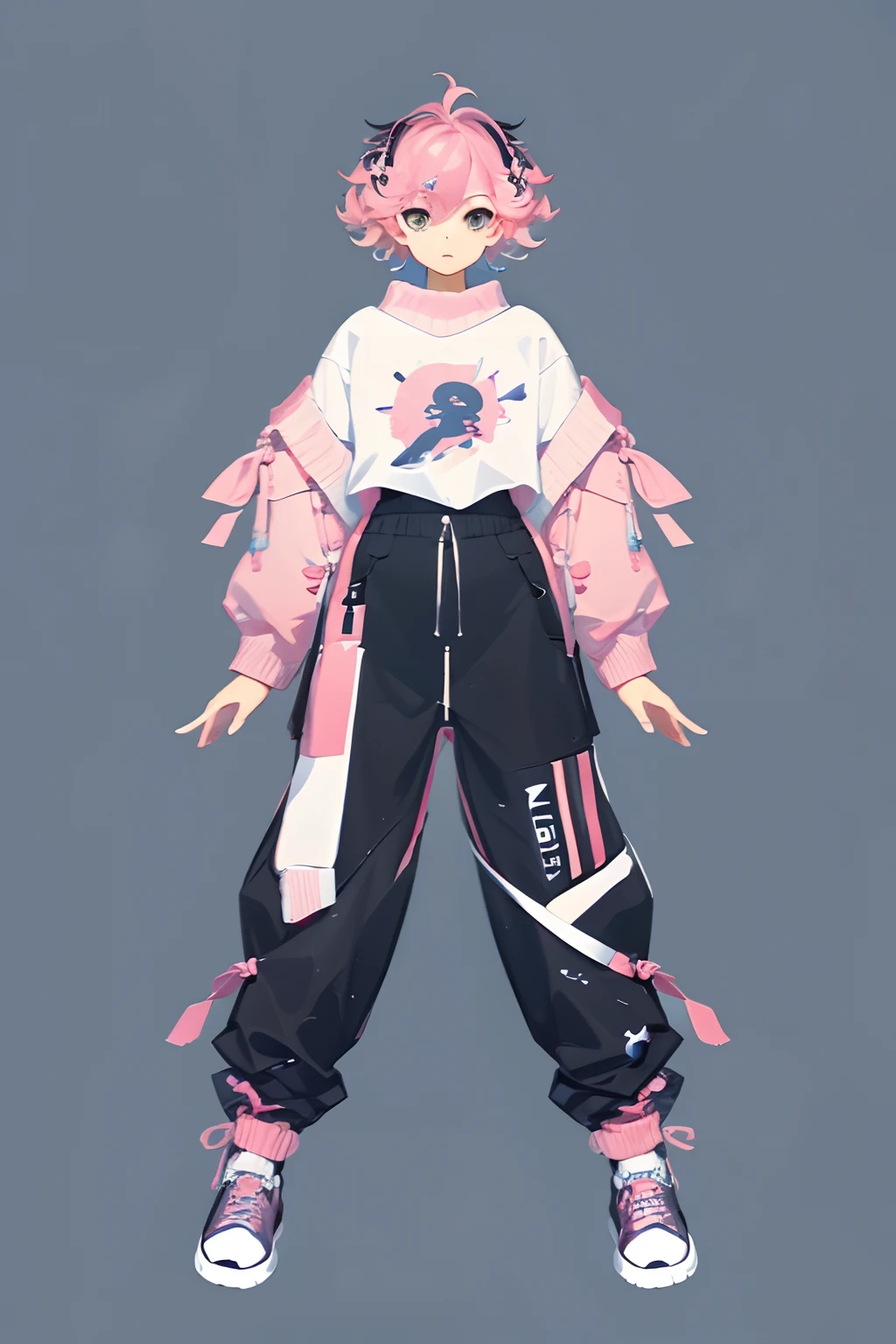 ((three sided view,full body,simple background,multiple views,highres)), masterpiece, best quality,8k, perfect face, expressive eyes, 1male, femboy, short messy hair, street fashion, kawaii, intricate design, hair clips, arm warmers, leg warmers, sneakers, pants, sweater, pink hair, pastels, male focus, solo, adoptable character, creative pose